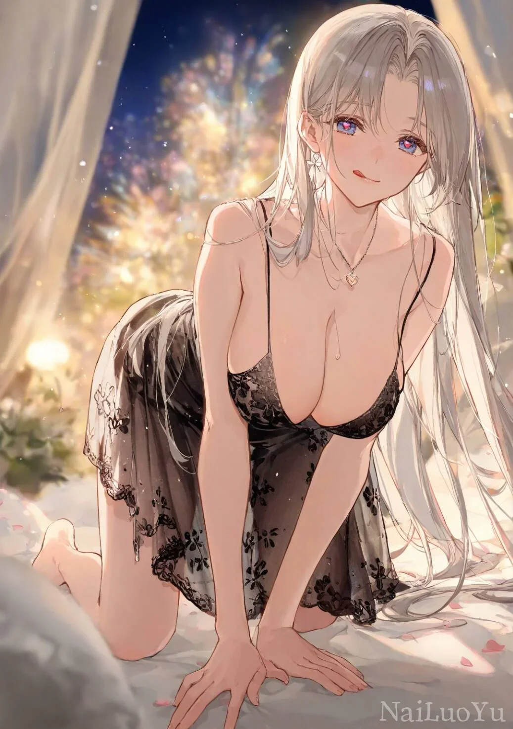 暖光夜景下银长发蕾丝睡裙少女插画