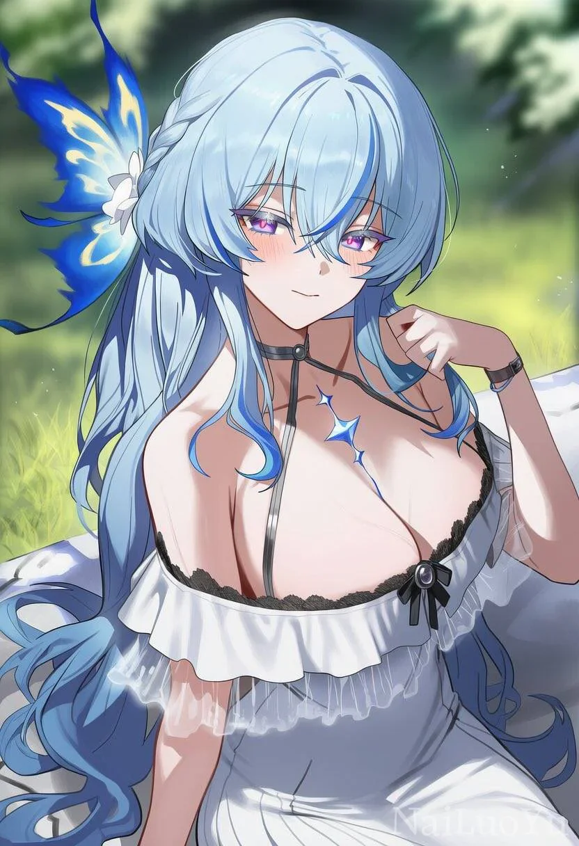户外休憩的蓝发蝶饰二次元美少女插画