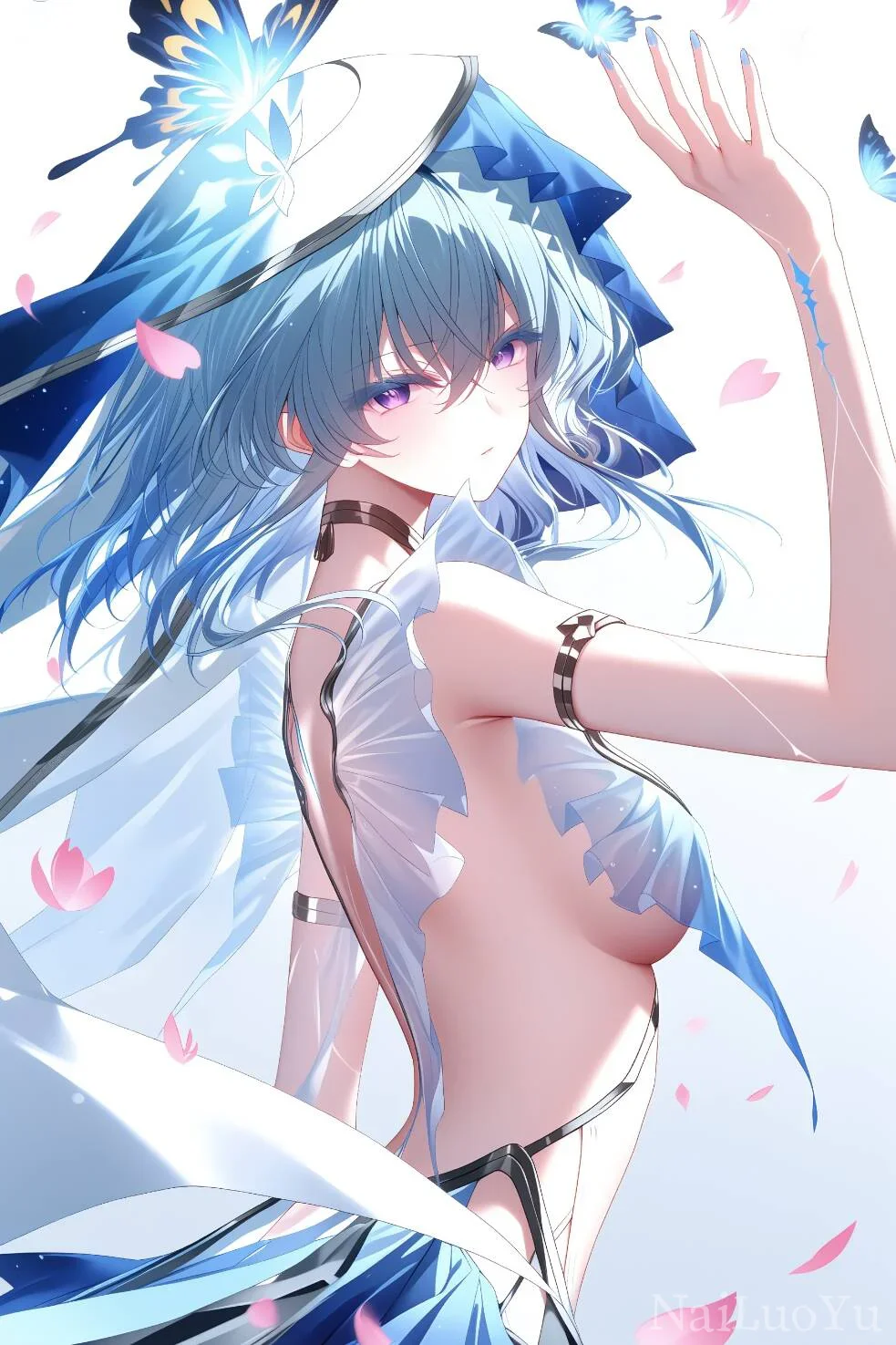 蓝发紫眸少女 蝶舞落樱二次元氛围感插画