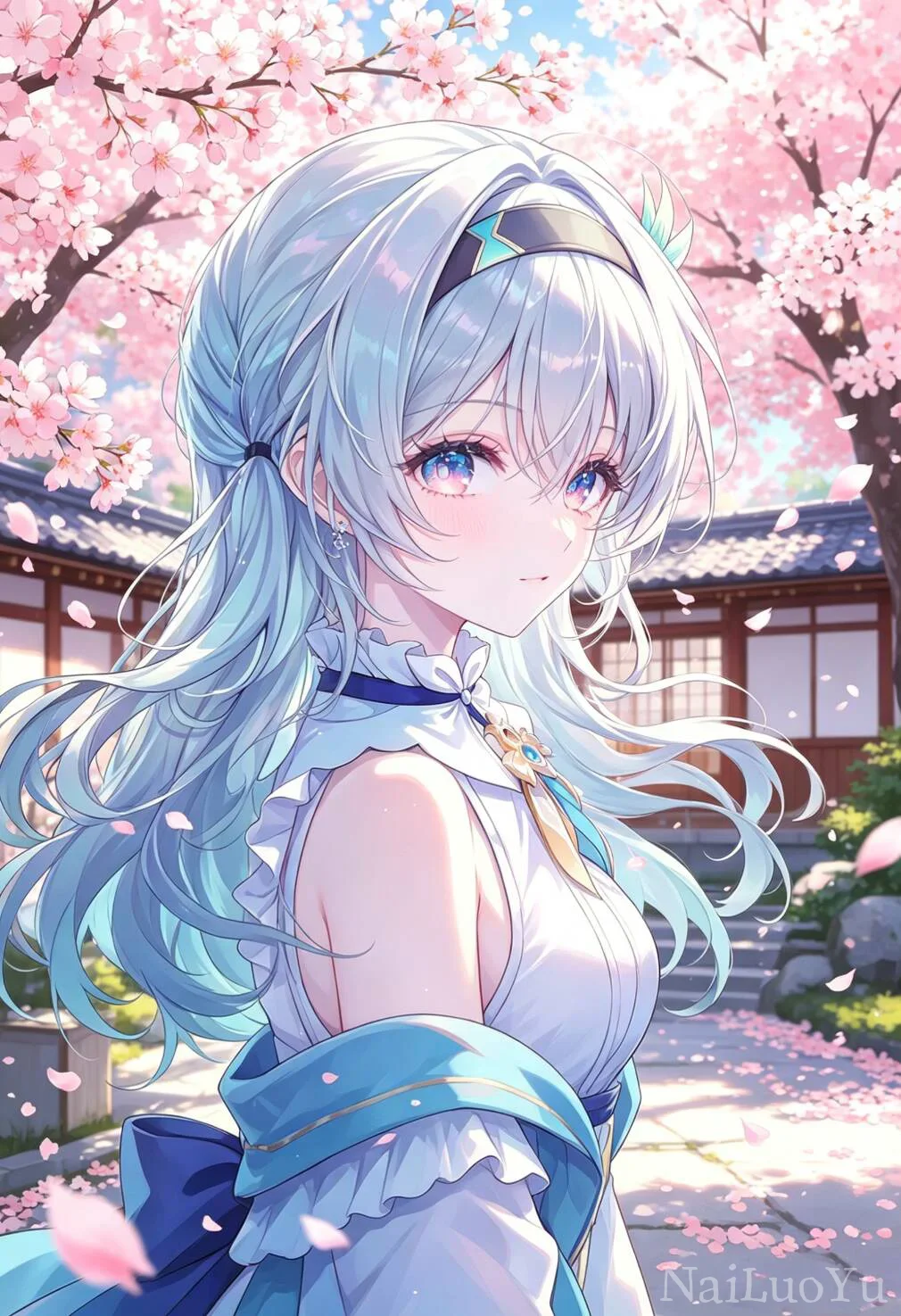 春日樱树下的蓝眸银发少女唯美插画