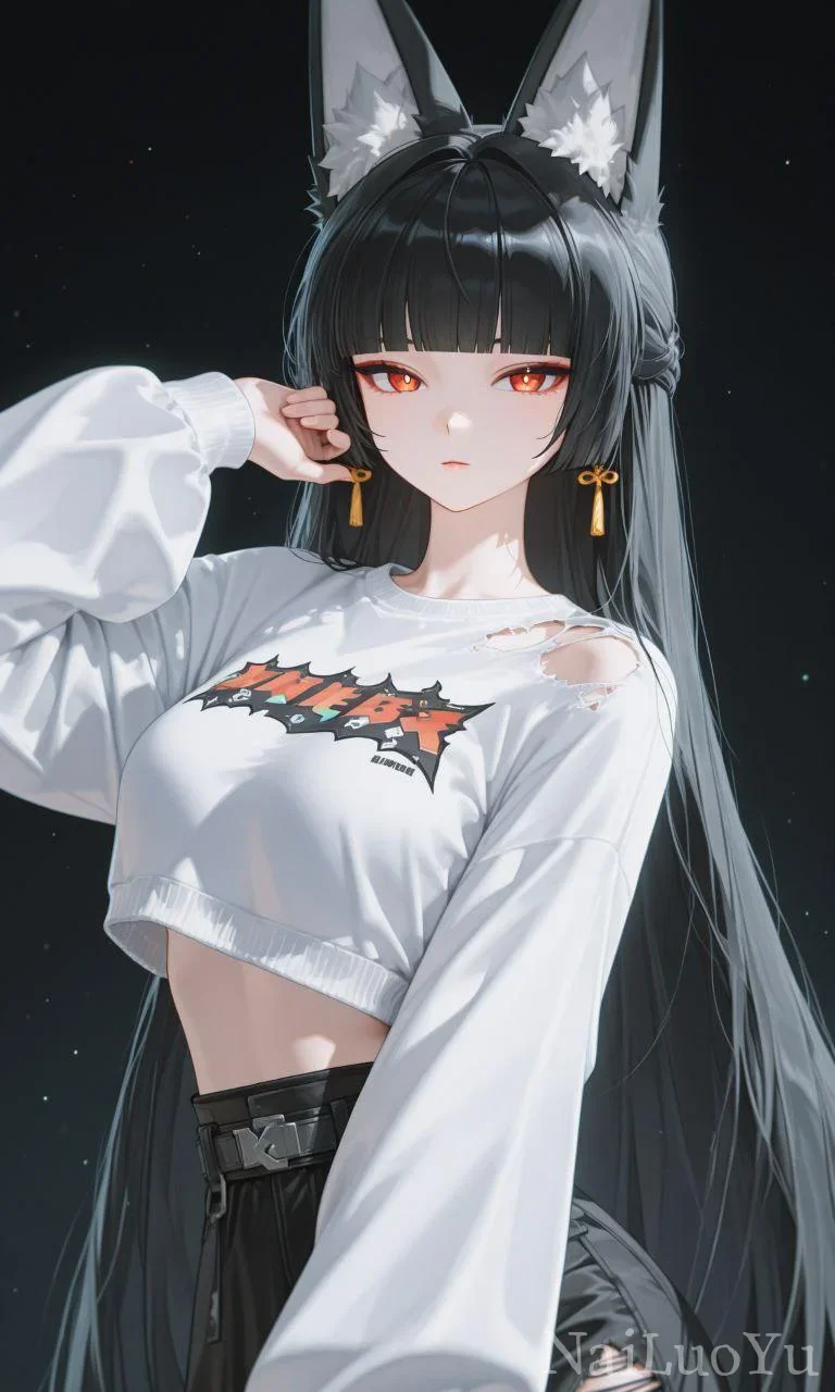 冷艳赤瞳黑狐耳少女 潮酷穿搭二次元立绘