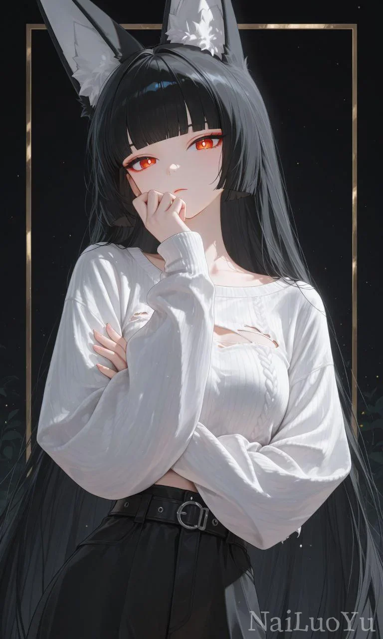 冷艳红瞳黑狐耳少女 二次元精致人像插画