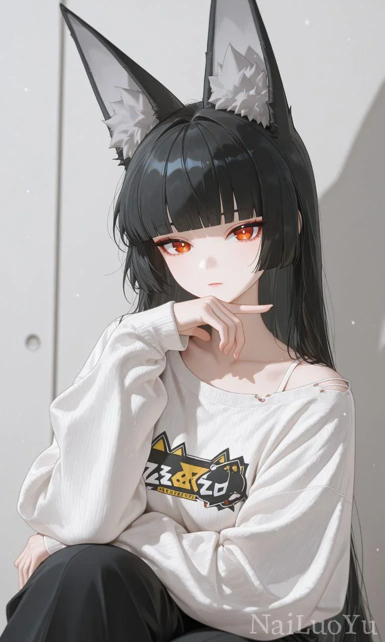 清冷软萌狐耳少女二次元居家插画