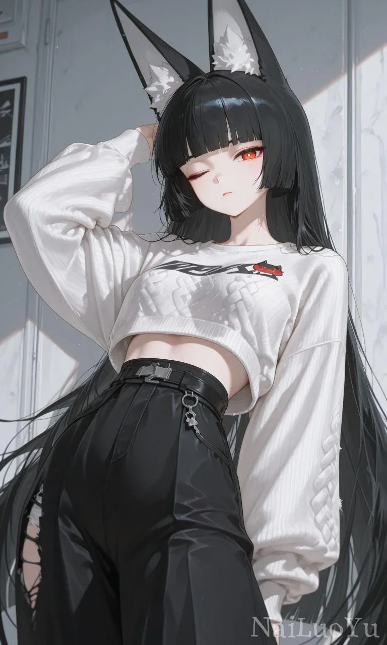 冷飒黑长直狐耳少女潮酷穿搭插画