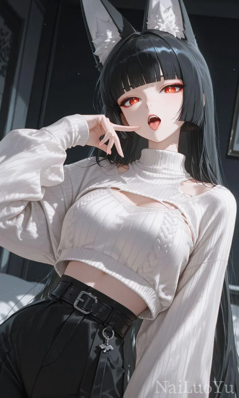 黑发红瞳狐耳少女甜酷风二次元插画