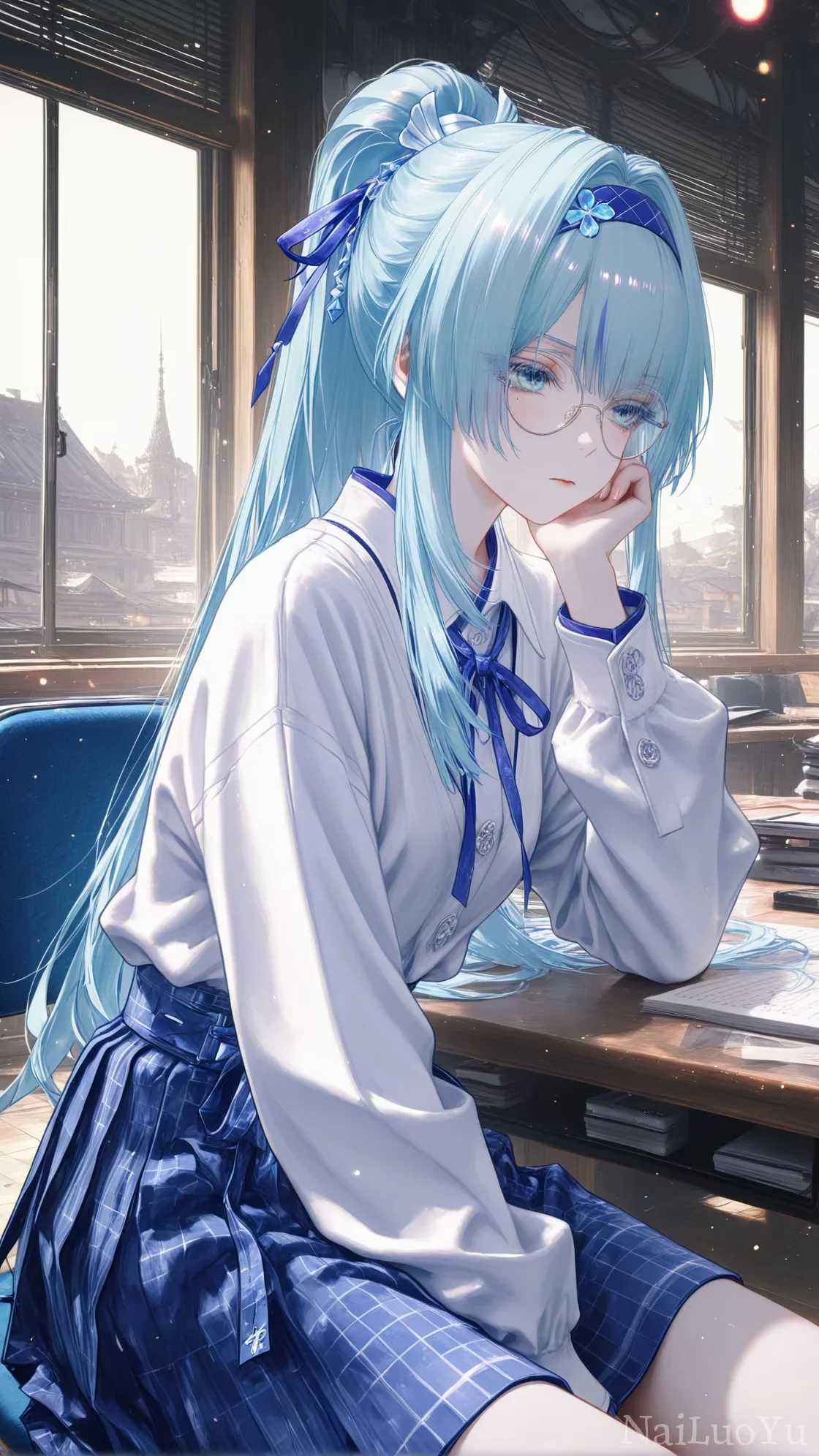 教室窗边托腮放空的蓝发眼镜JK少女