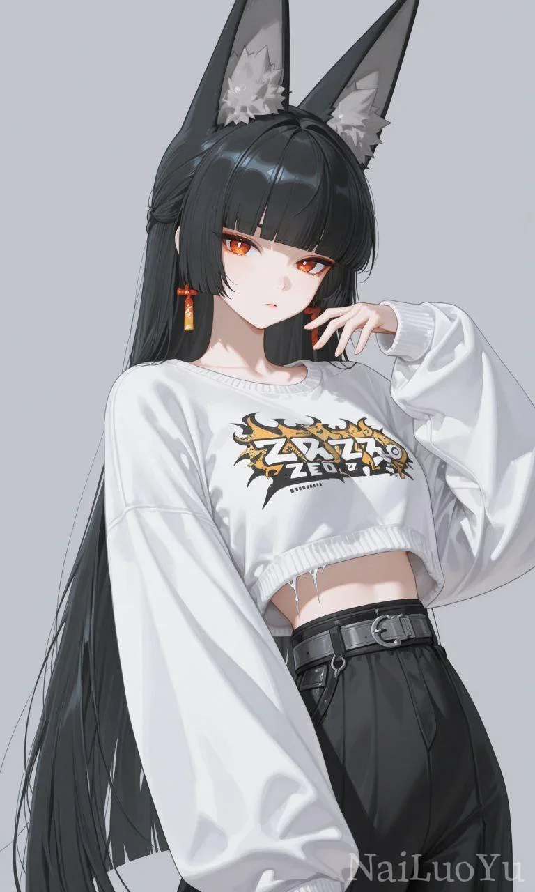 潮服穿搭黑发红瞳狐耳少女二次元插画