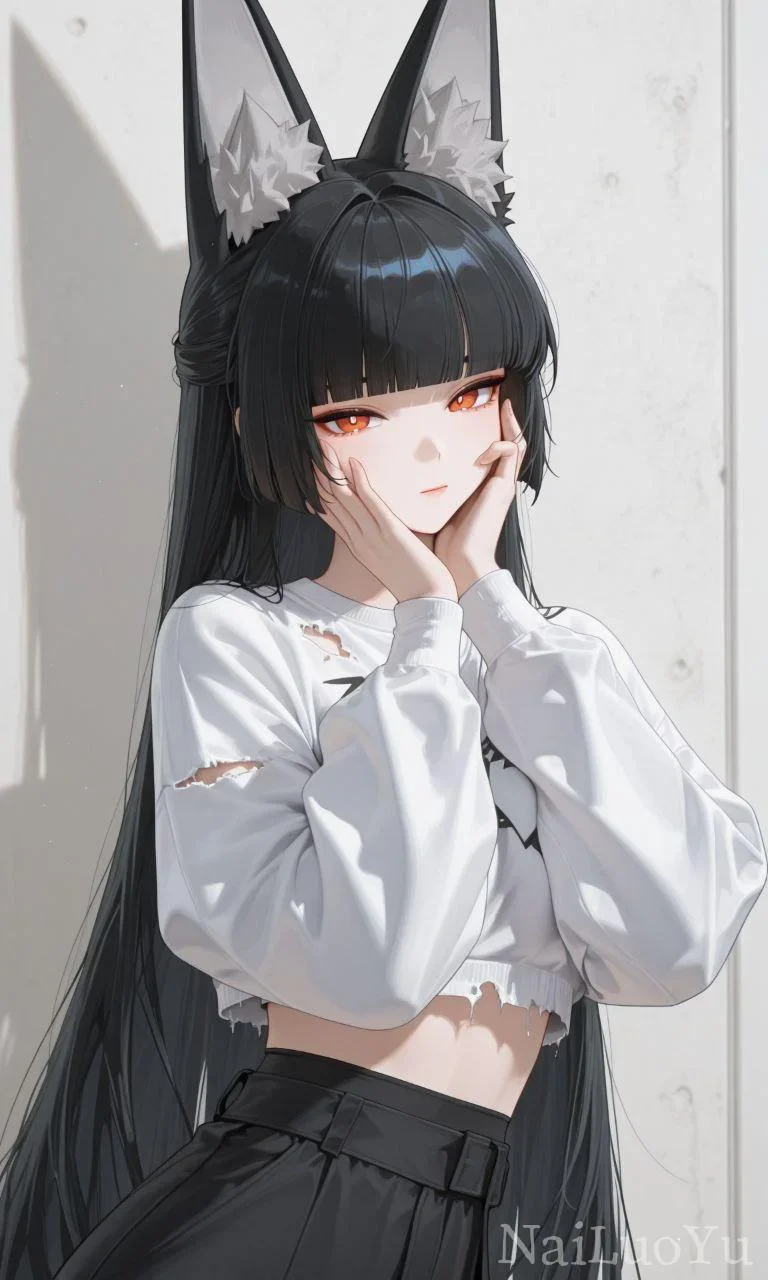 托腮冷艳黑长直狐耳少女二次元插画