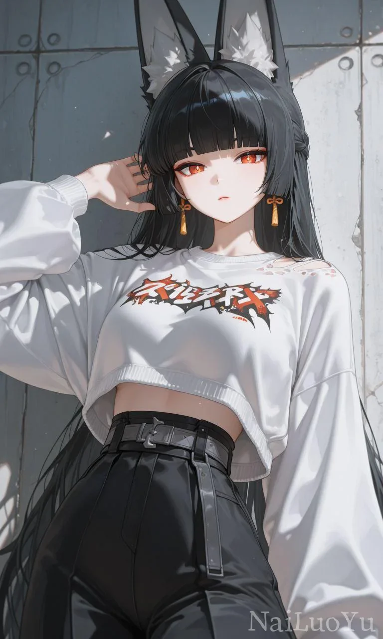 冷艳黑发红瞳狐耳少女潮酷穿搭插画