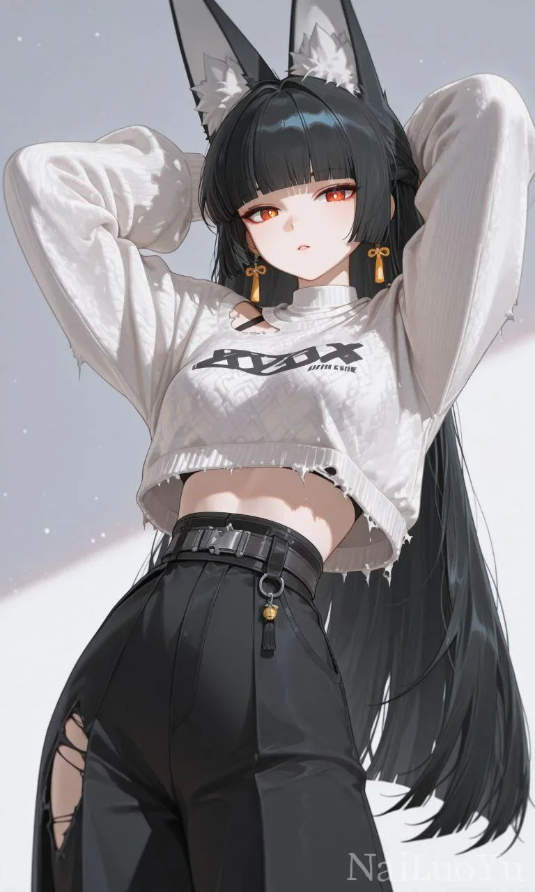 冷艳酷飒黑狐耳少女现代风二次元插画