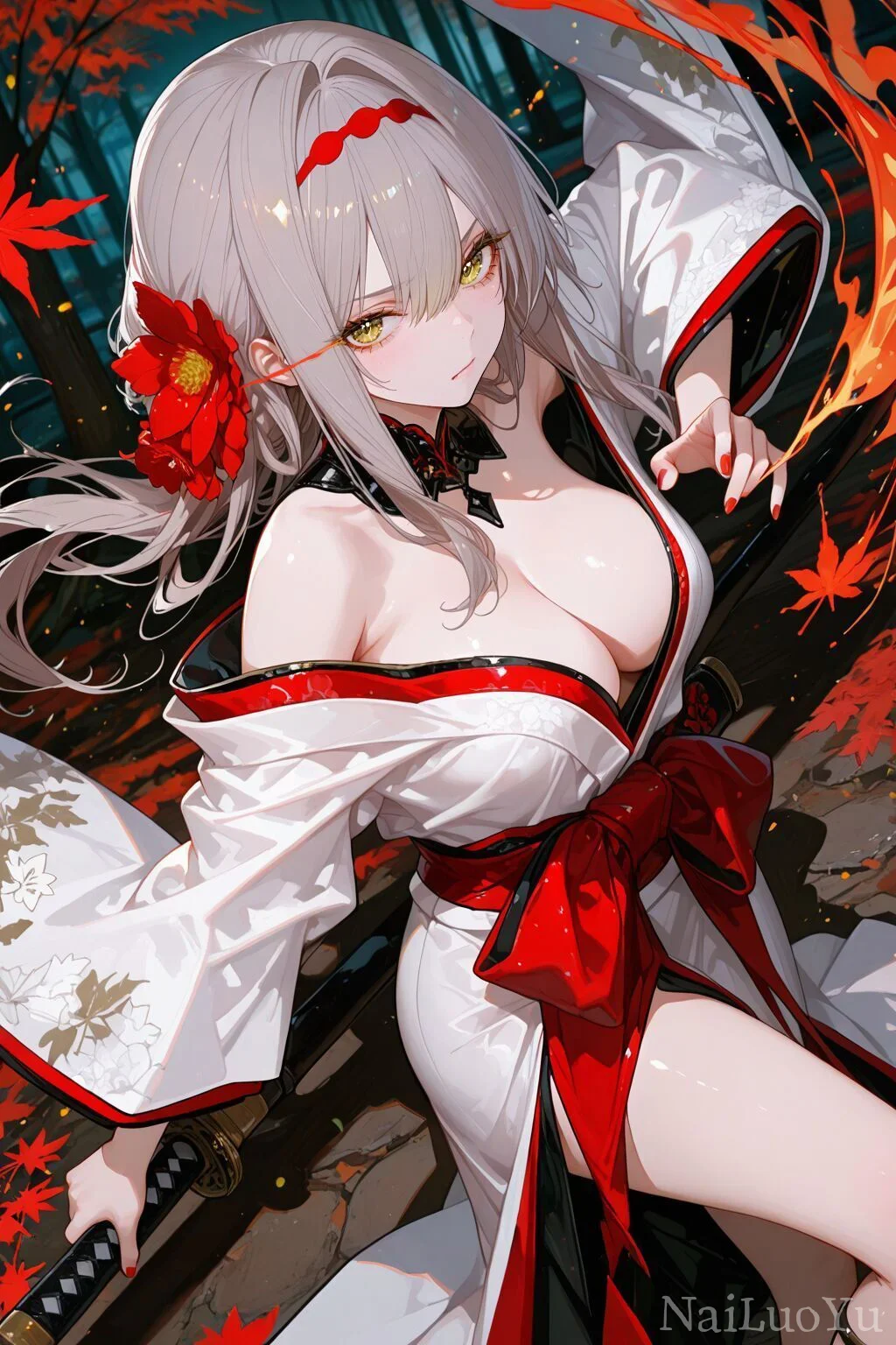 持武士刀的银发和服少女立于红枫林间