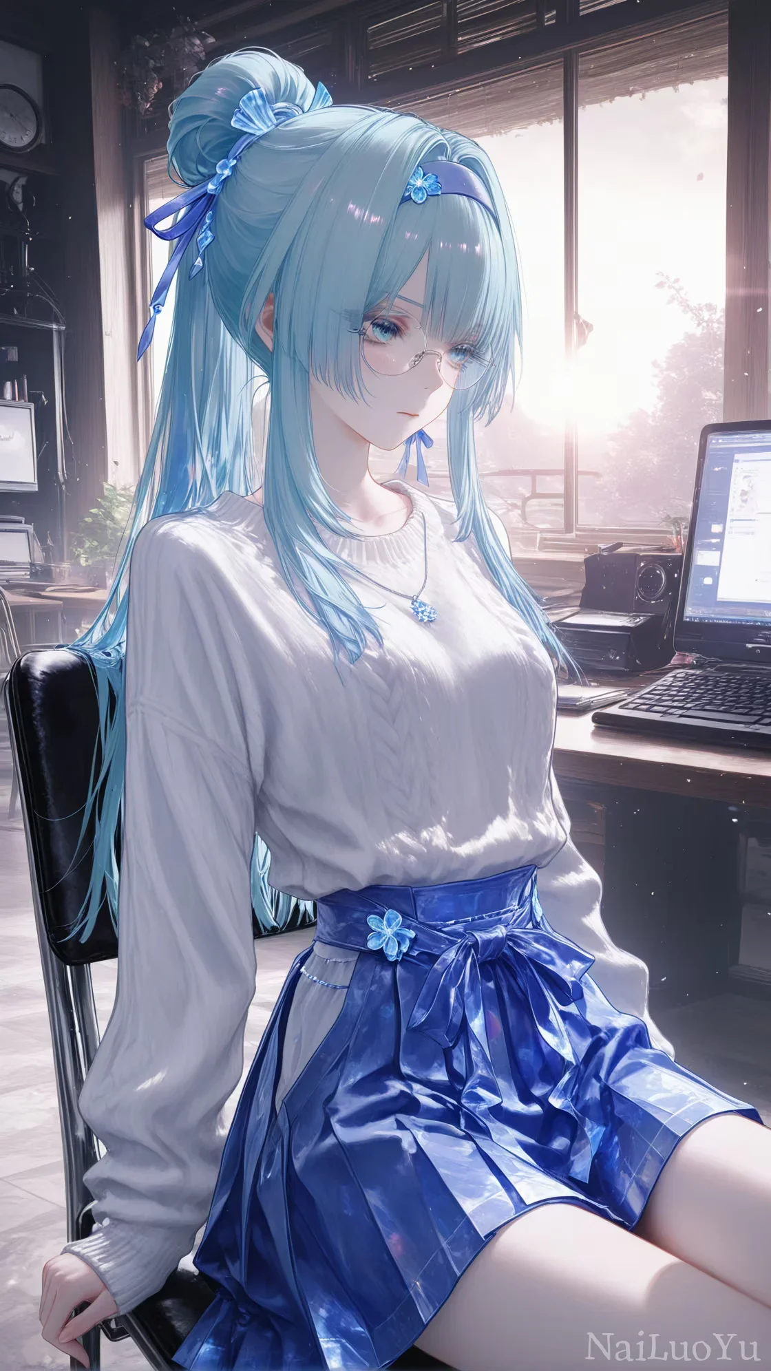 冰蓝长发眼镜少女 书房窗边恬静插画