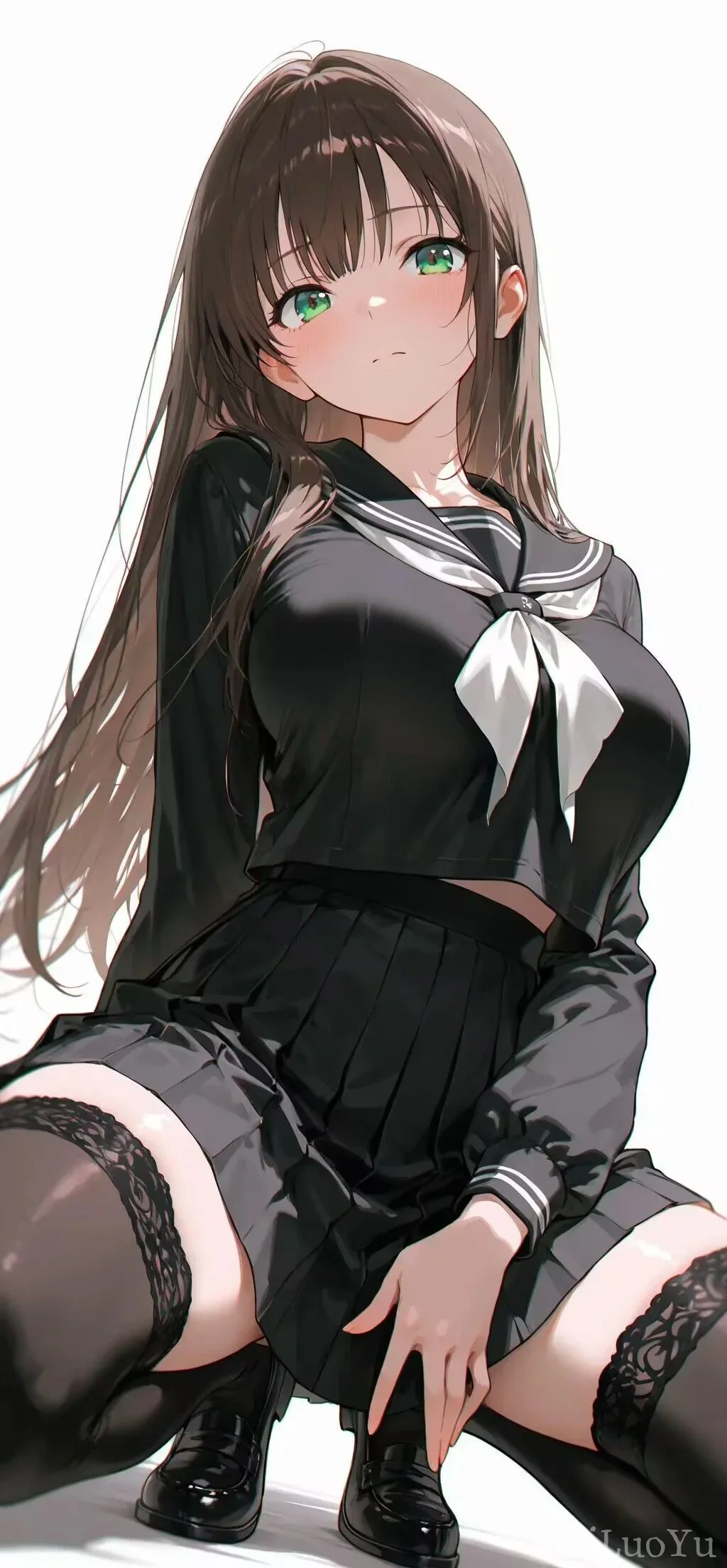 蹲姿黑色水手服绿瞳二次元美少女插画
