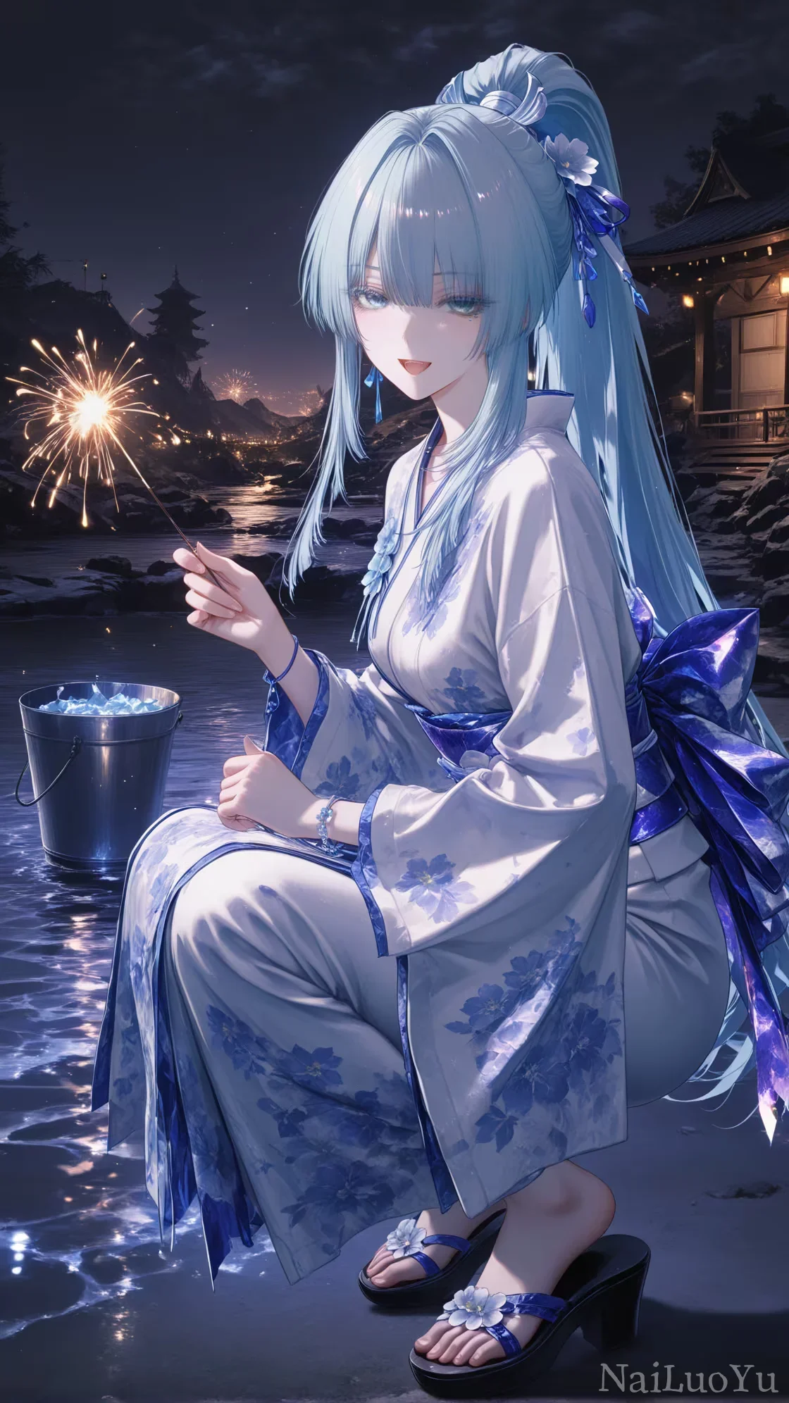 夏夜河畔蓝发和服少女把玩线香花火
