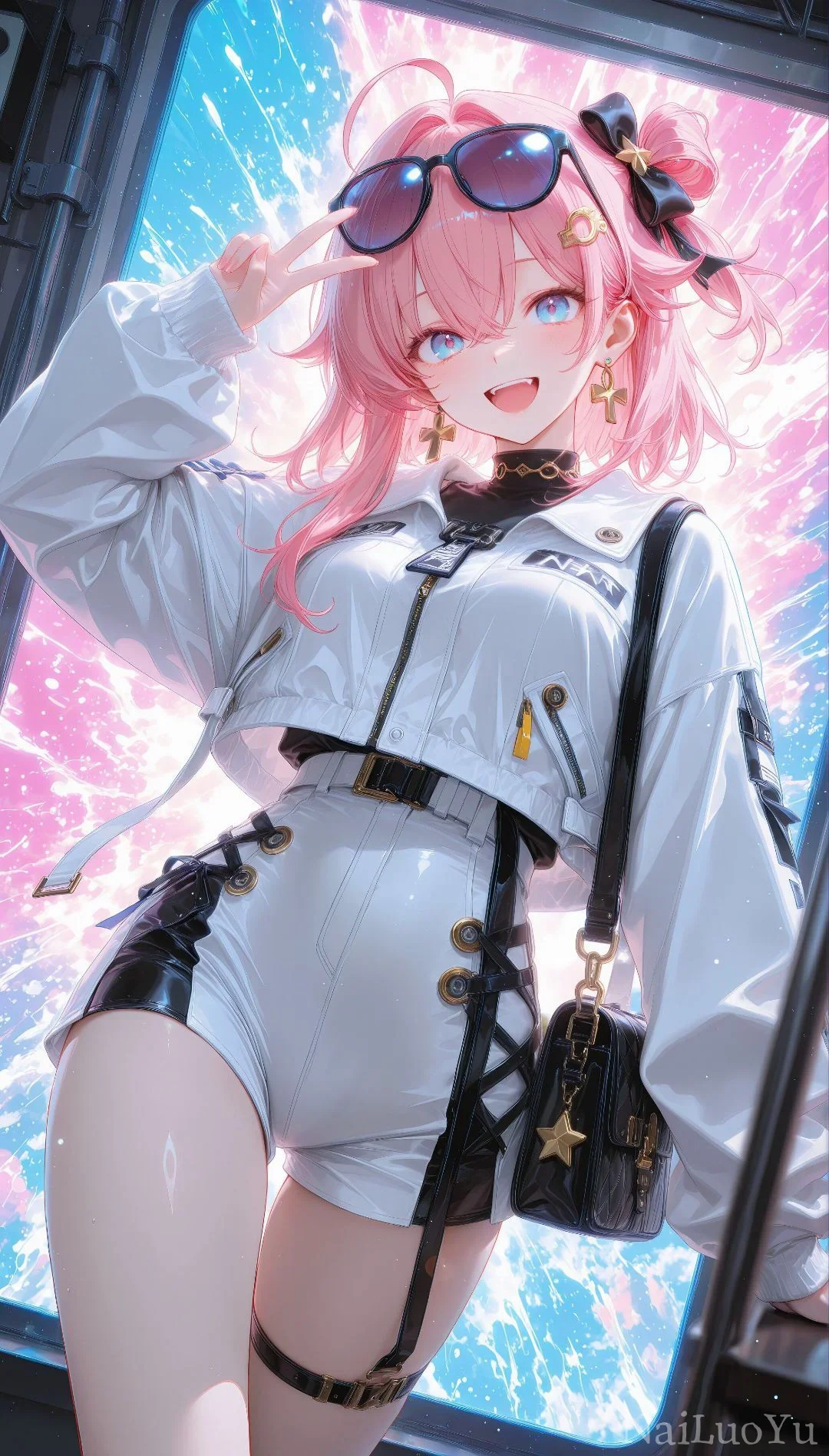 粉发潮酷二次元少女窗边俏皮比耶插画