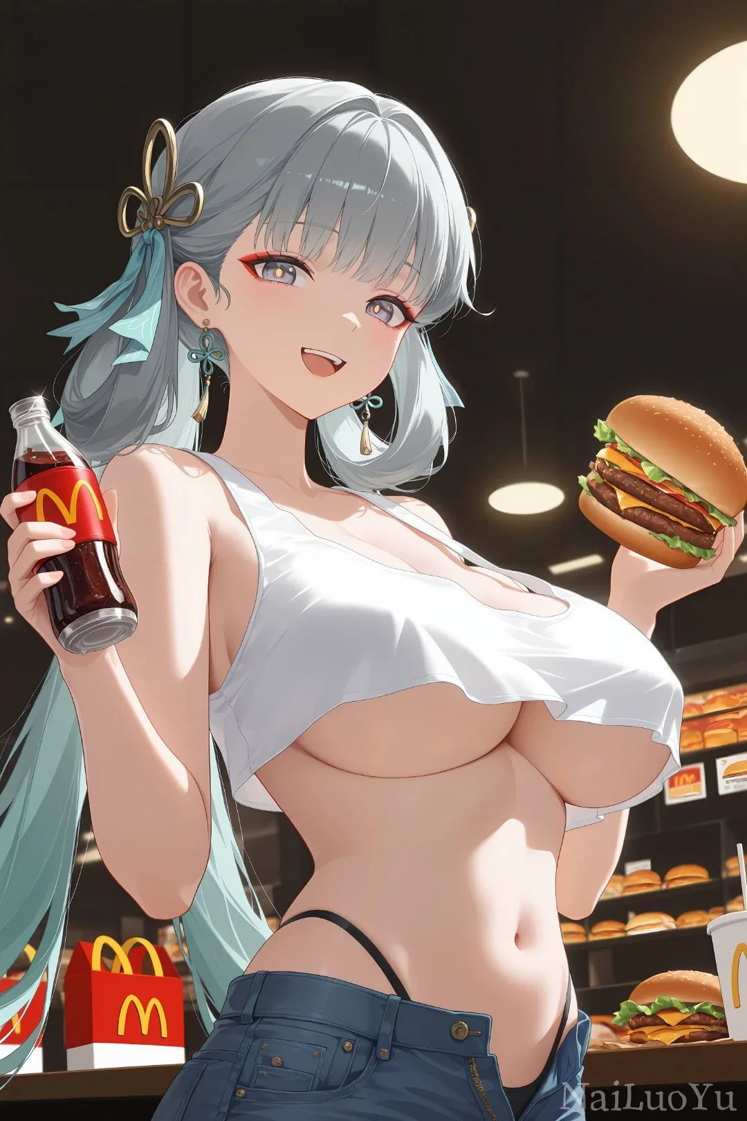 原神神里绫华同人 手持汉堡可乐的少女