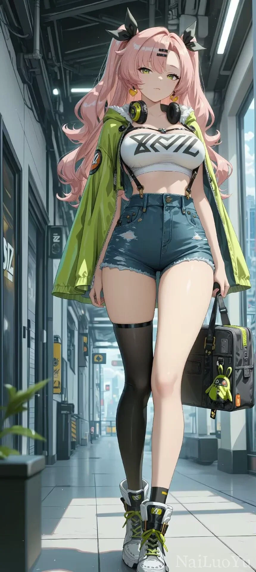 都市连廊中行走的潮酷粉发二次元少女