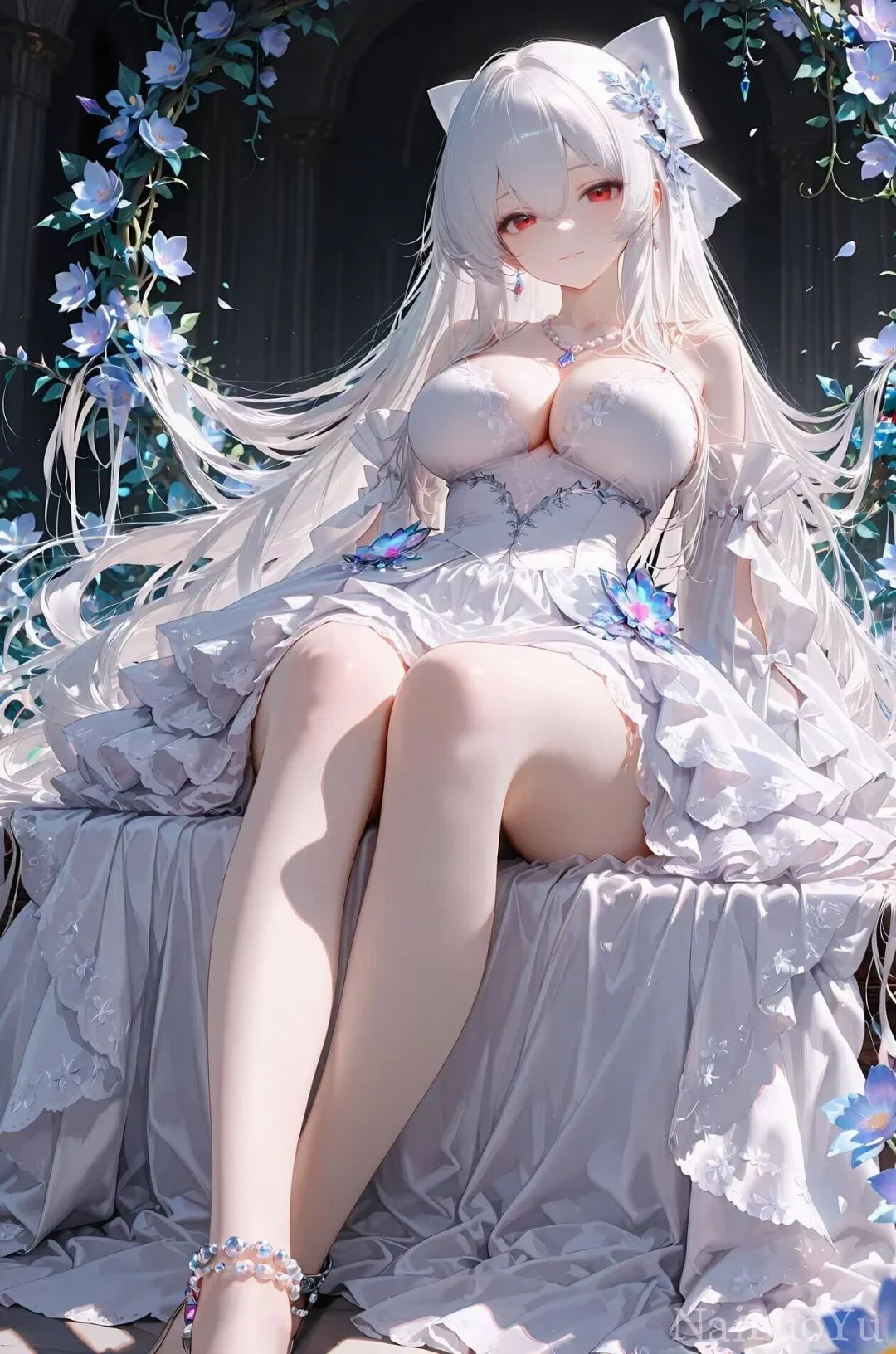 银发红瞳白裙少女独坐蓝花拱门下