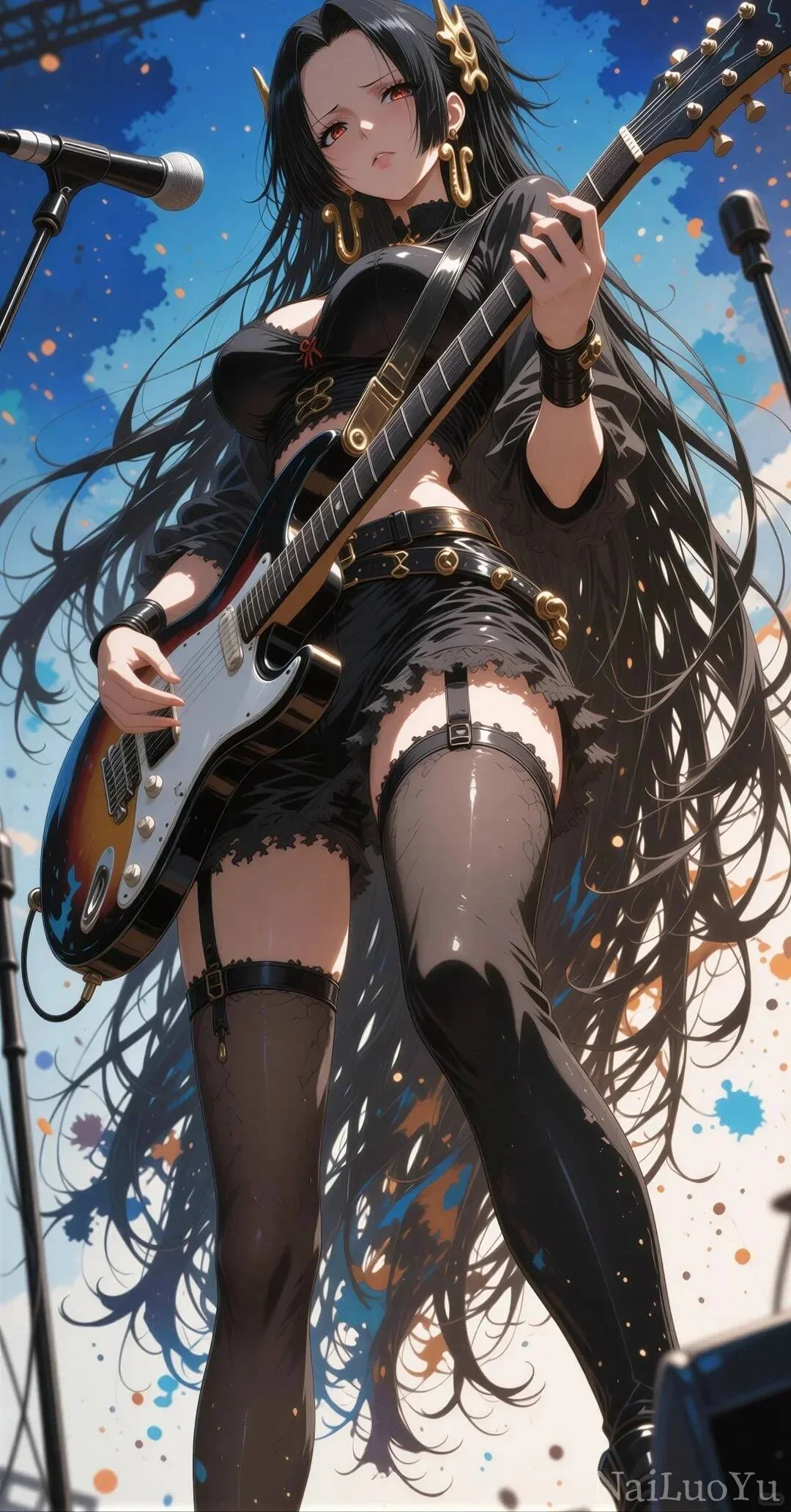 舞台上弹奏电吉他的摇滚风女帝同人插画