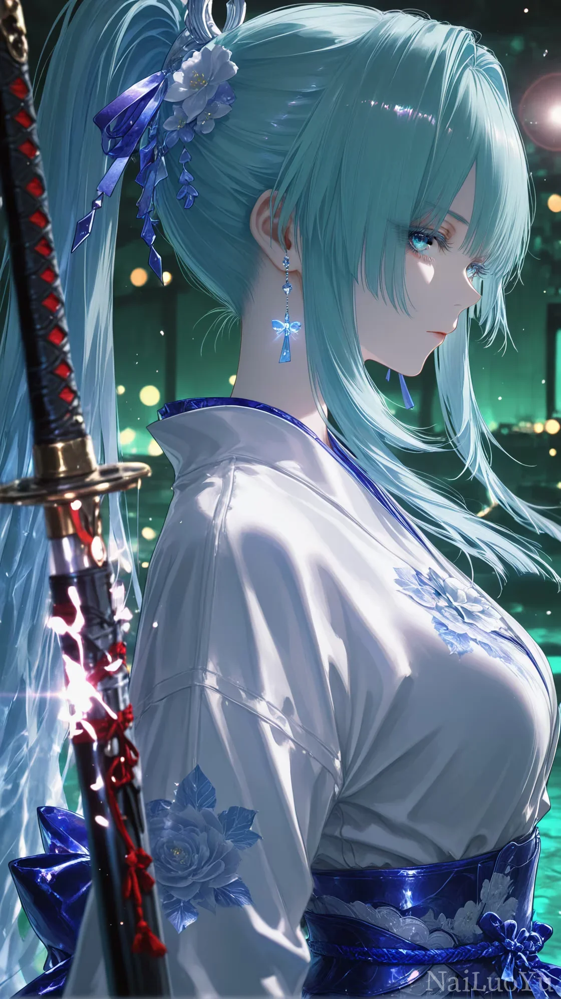 冰蓝发和风女武士持刃侧身静立夜色之中