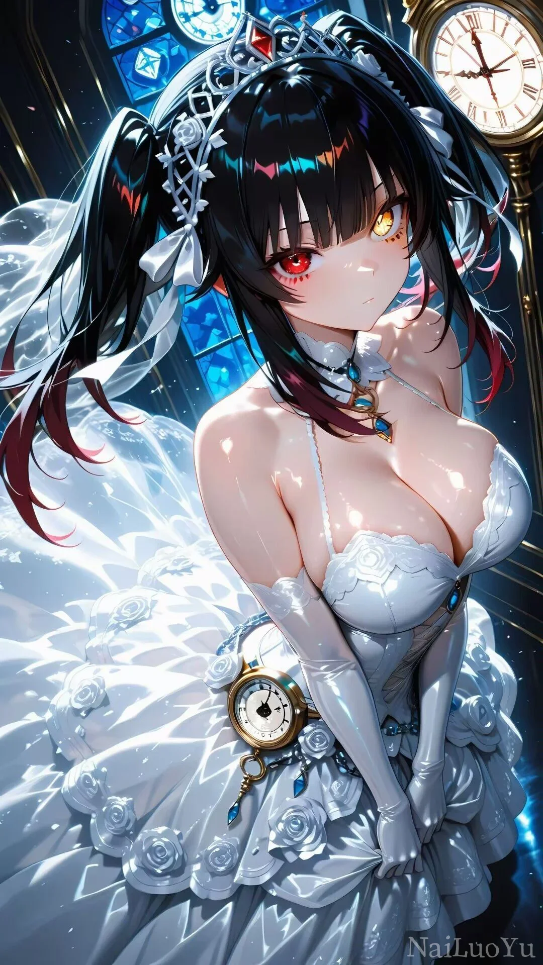 时钟教堂异瞳双马尾婚纱少女精致插画