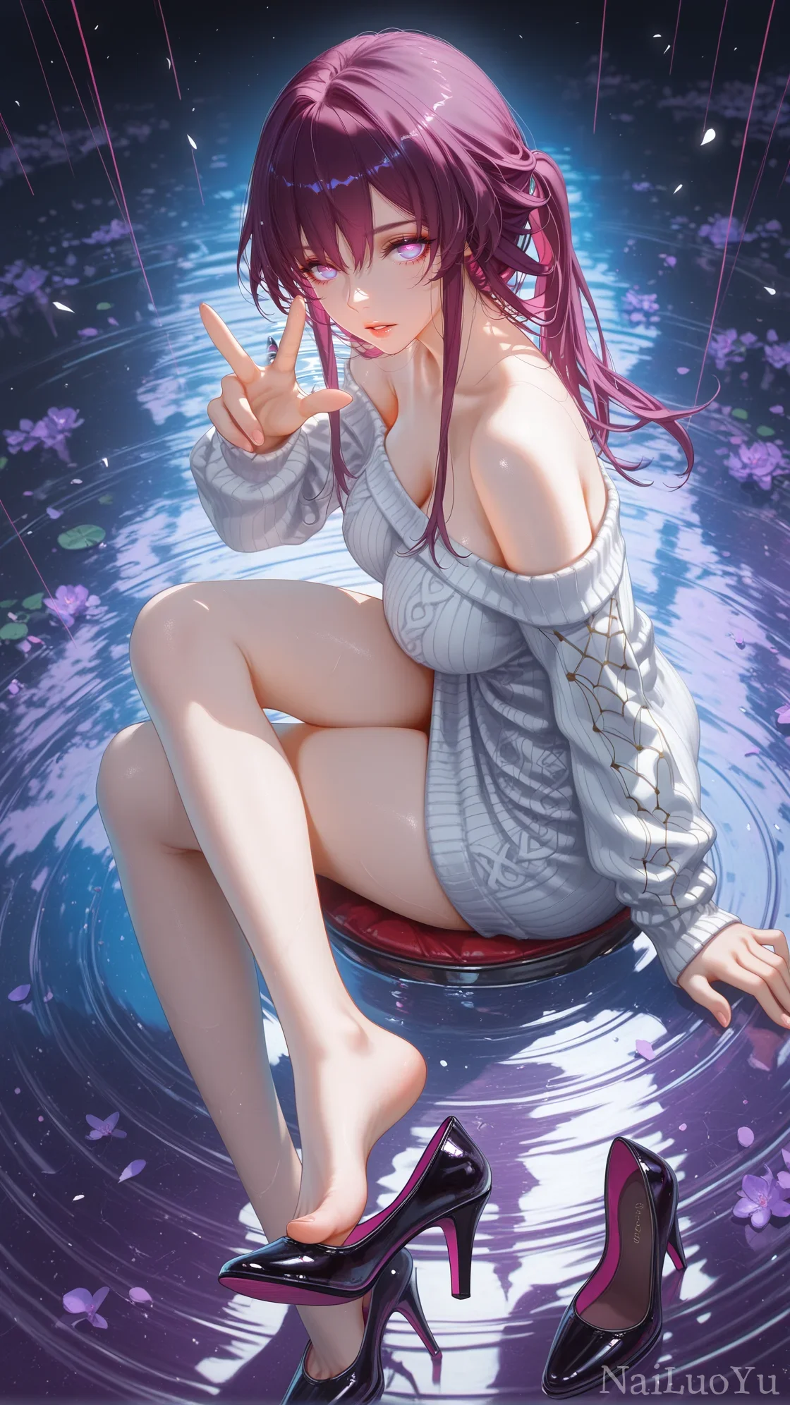 水畔紫发露肩少女俏皮比耶氛围感插画