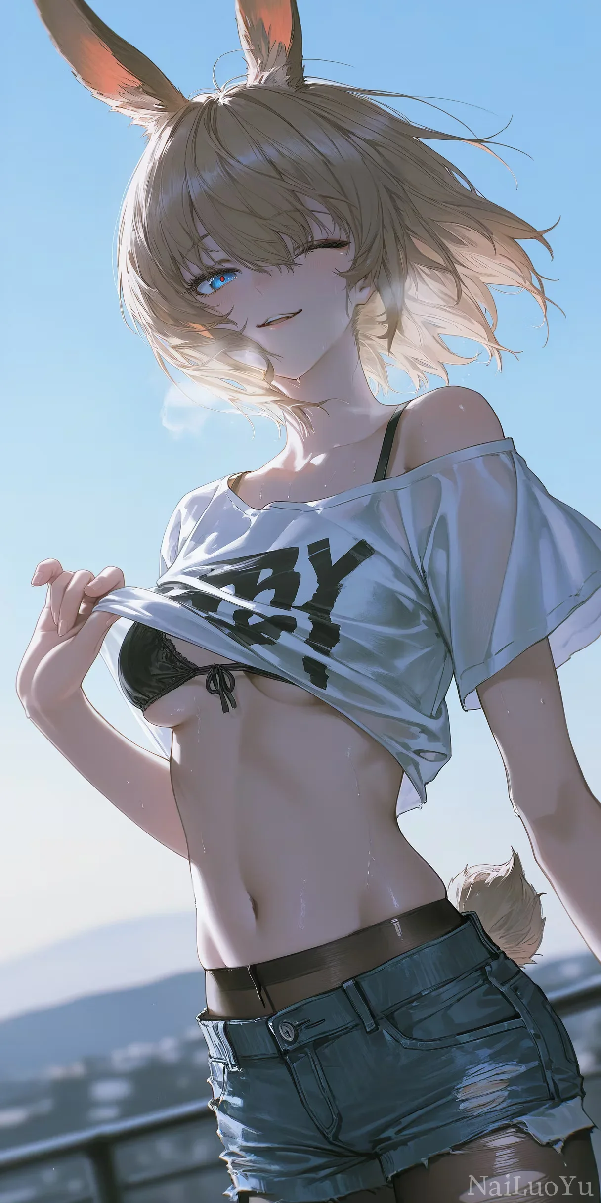晴空下俏皮眨眼的金发兔耳少女插画