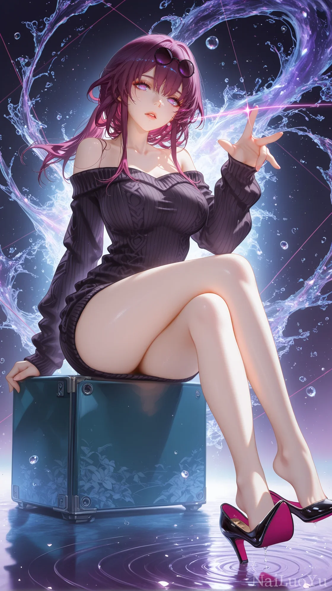 紫发冷艳御姐水特效氛围感二次元插画