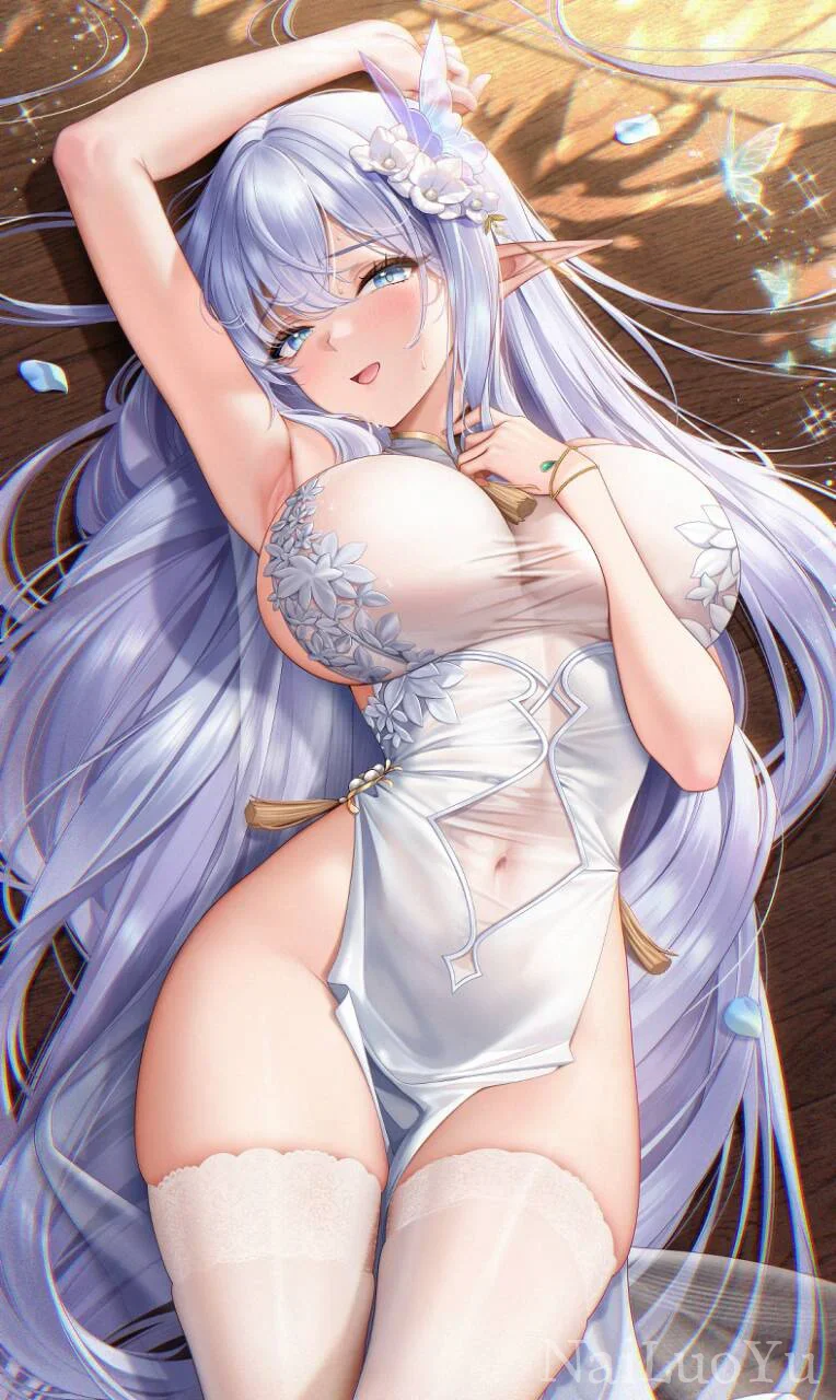 银发精灵少女国风旗袍慵懒躺卧插画