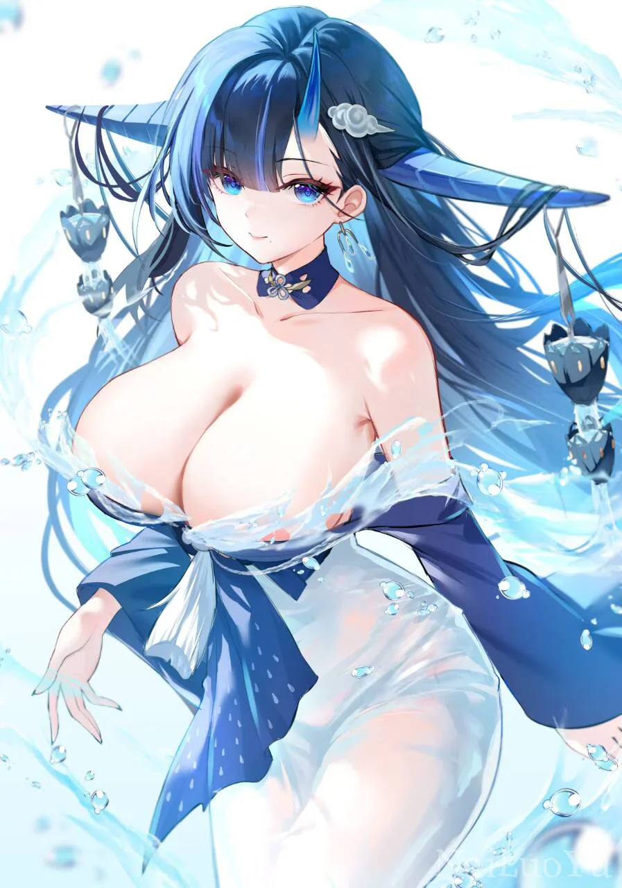 蓝发龙角水系少女二次元精美同人插画