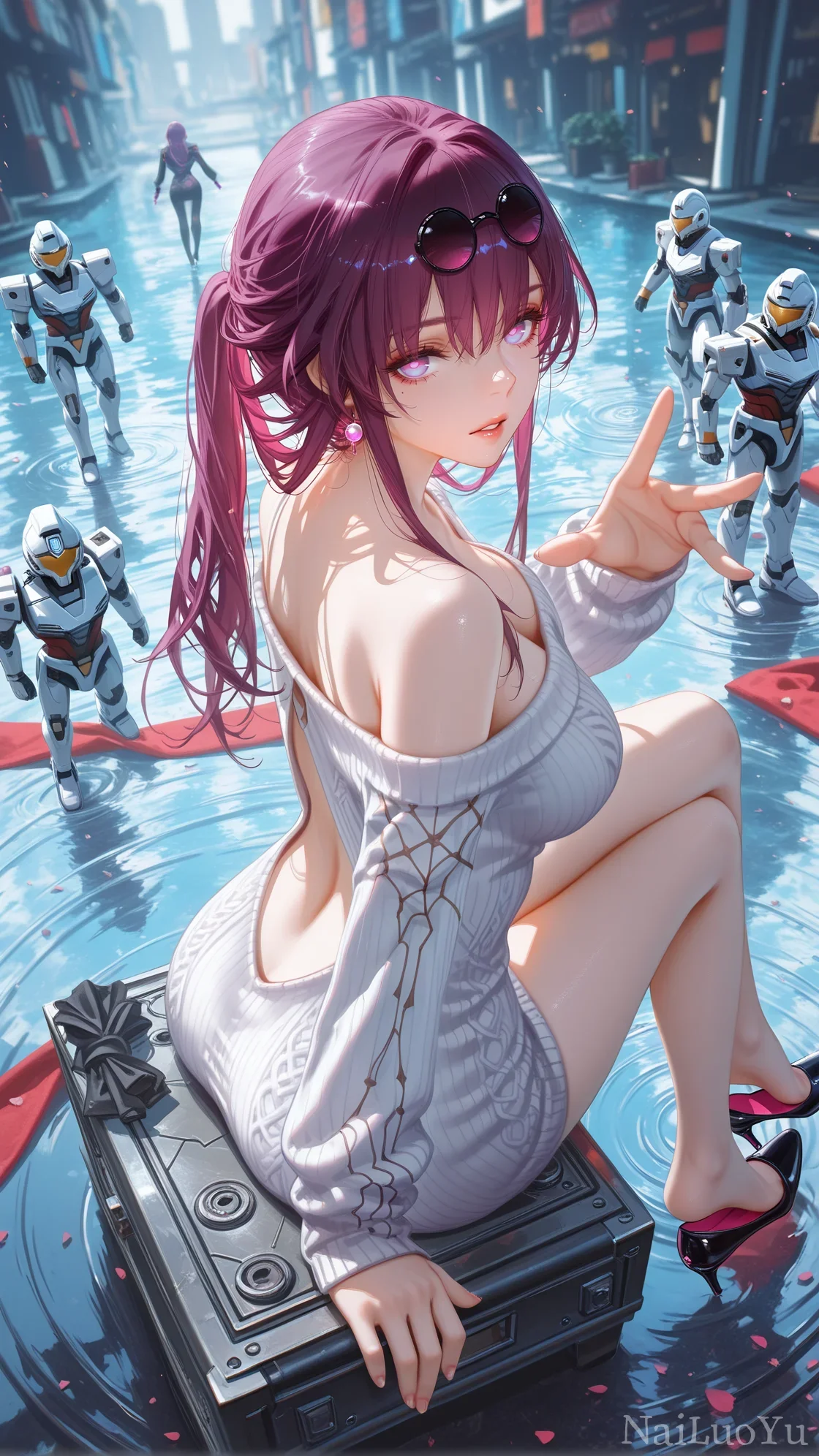 赛博水街坐行李箱的紫发御姐同人插画