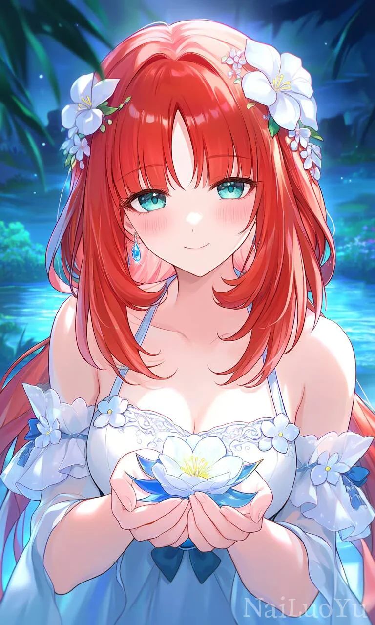 月夜湖畔手捧白花的红发甜美二次元少女