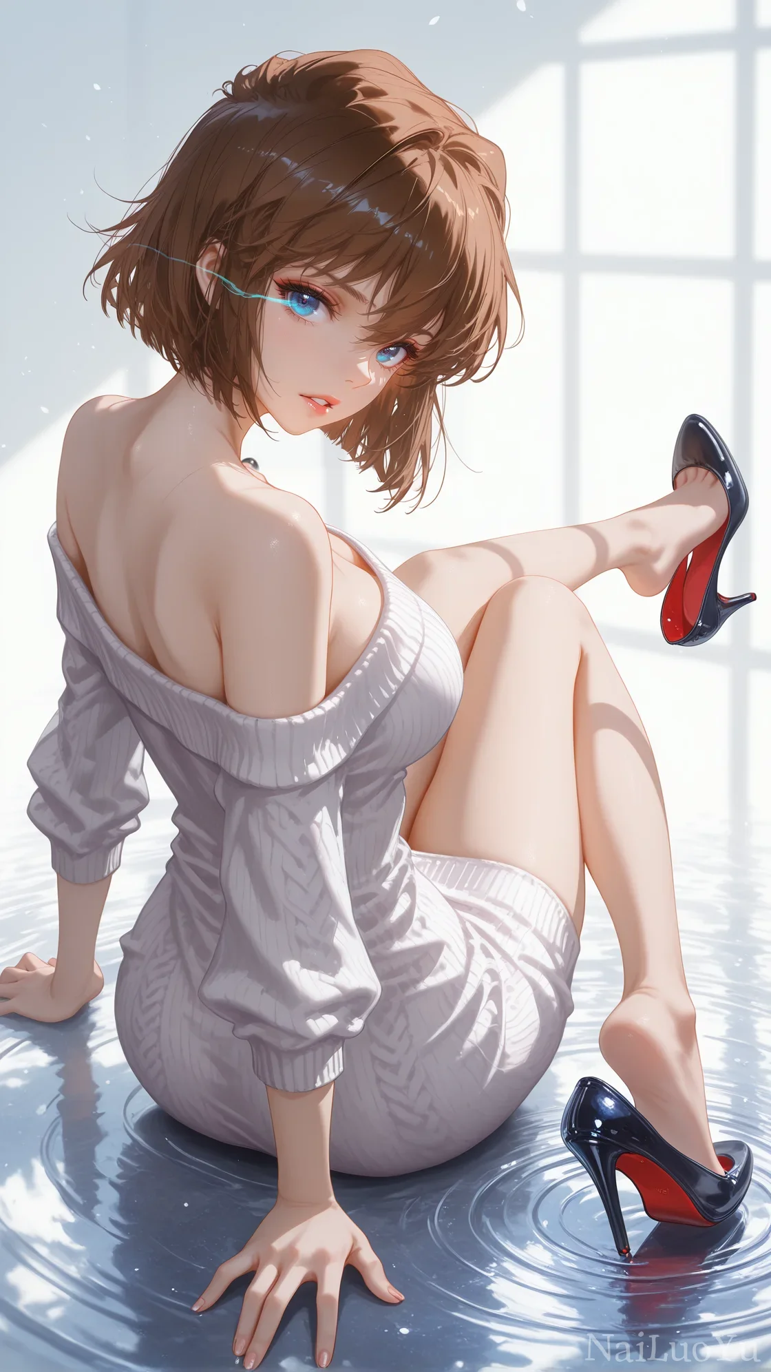 棕发露肩毛衣少女 水面静坐氛围感插画
