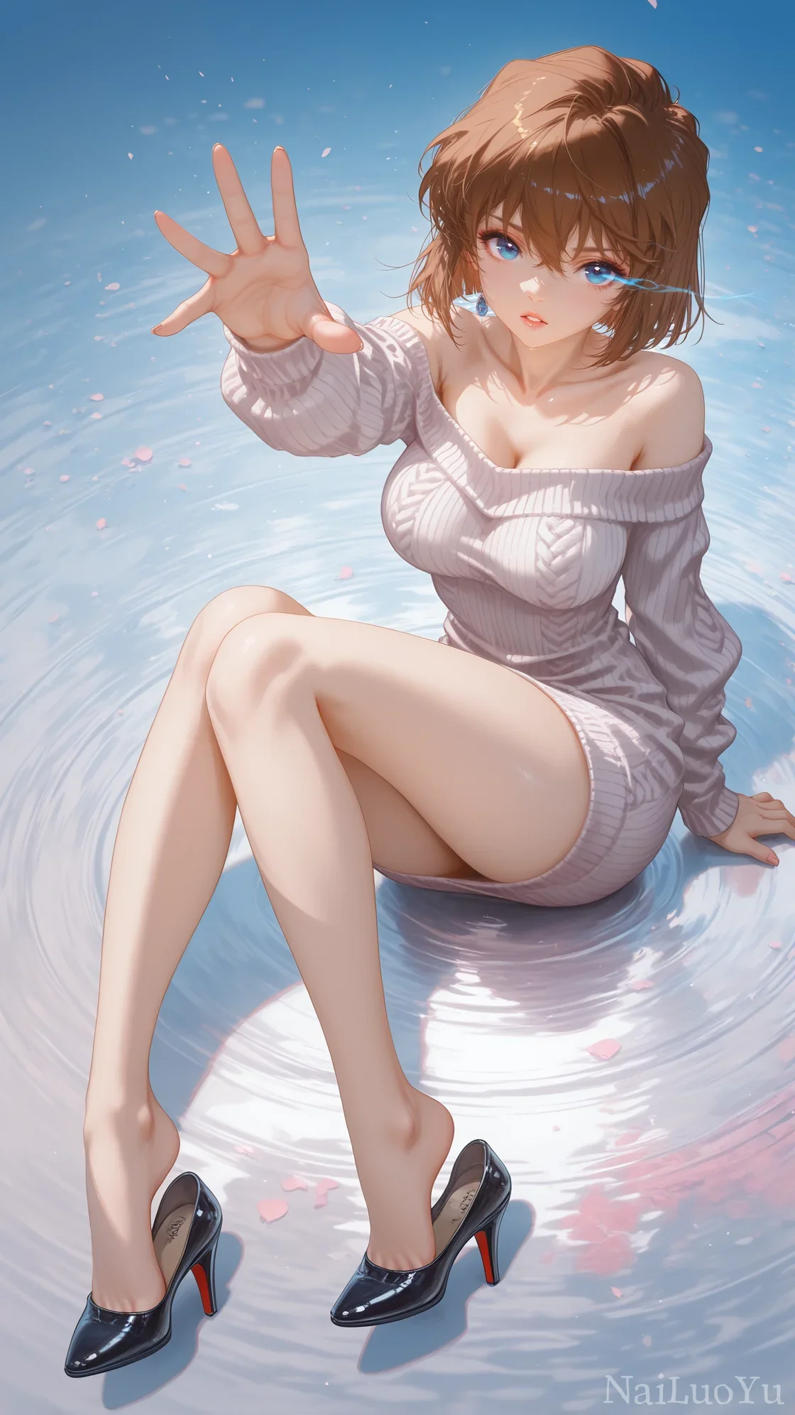 坐于水面伸手的棕发蓝眼二次元少女