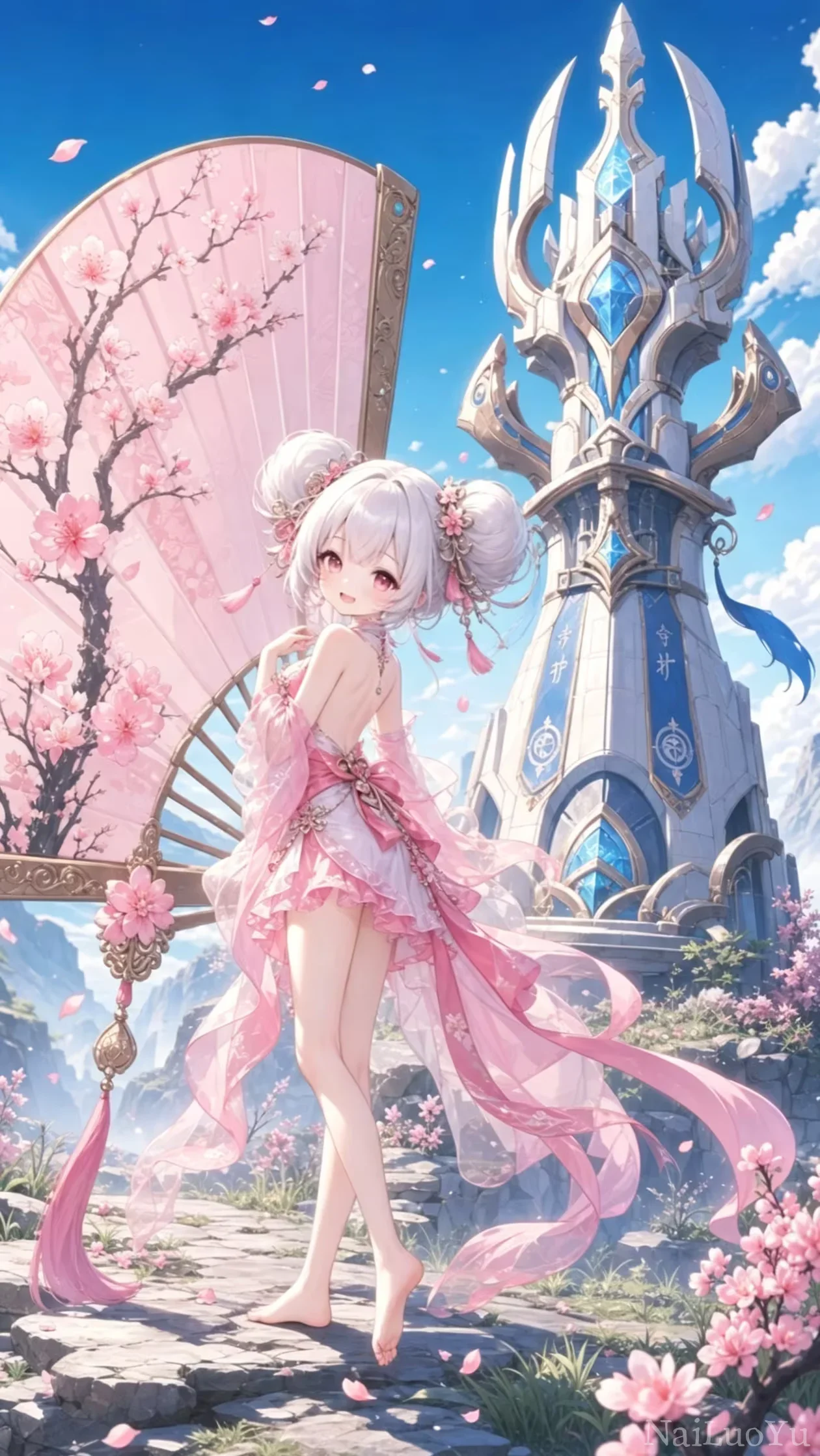 粉裙白发少女立于仙域幻塔前回眸浅笑