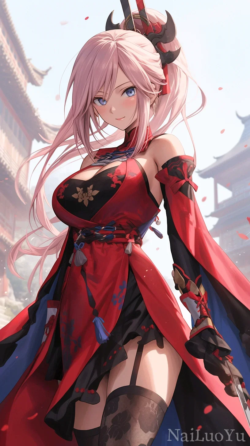 古风粉发女武士古楼前二次元精美插画