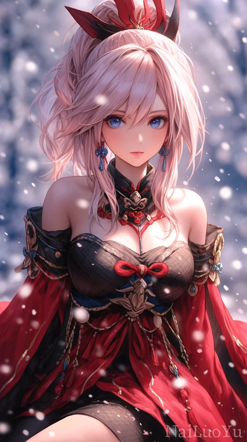 冬日落雪中的粉发古风二次元美少女