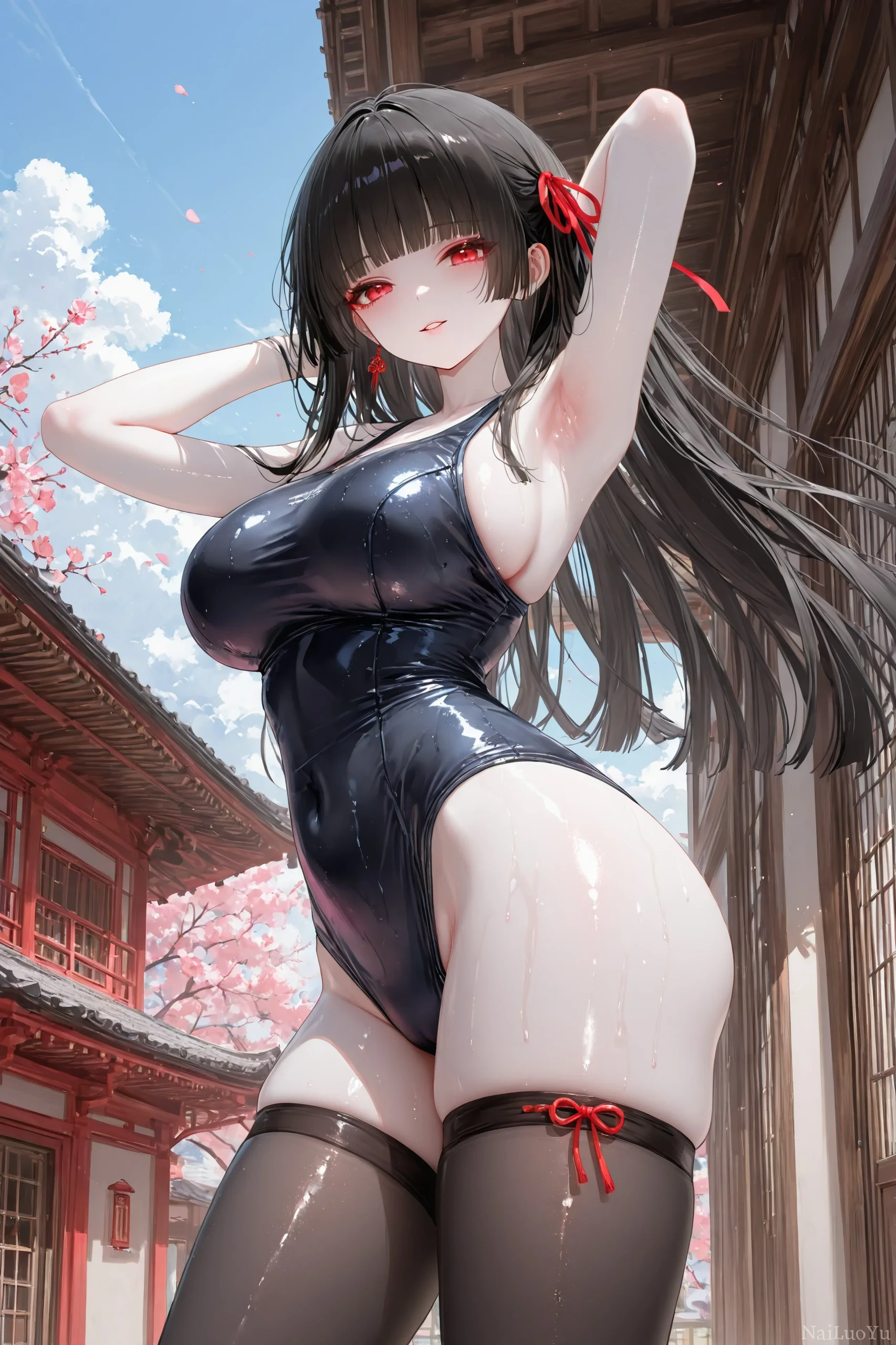 古风庭院中穿死库水的黑发红眸少女