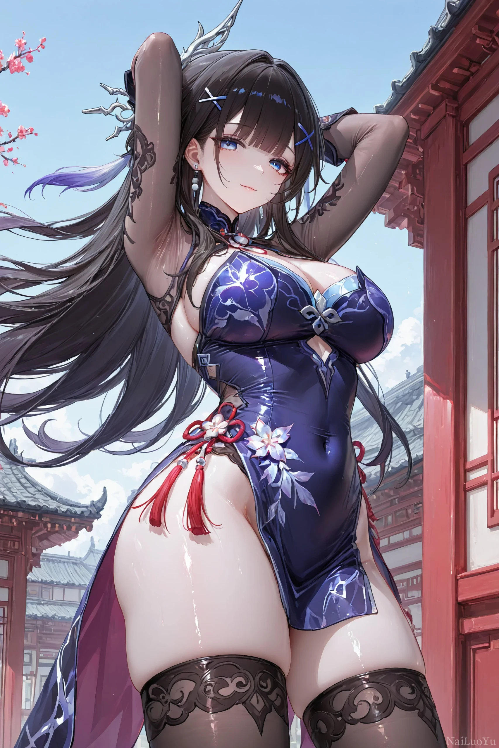 着紫色改良旗袍的国风少女庭院唯美立绘
