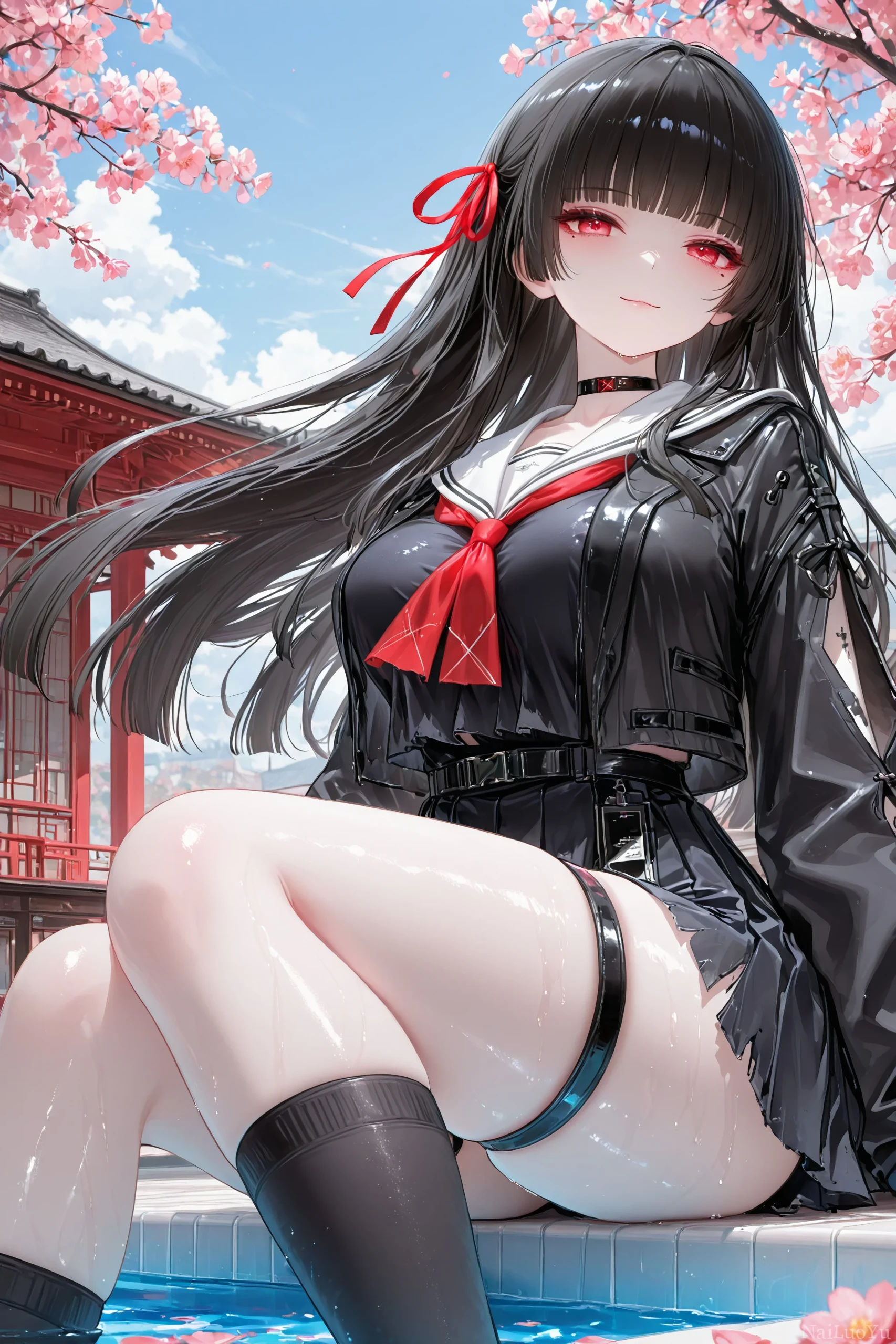 春日樱下坐于池边的黑发红瞳制服少女