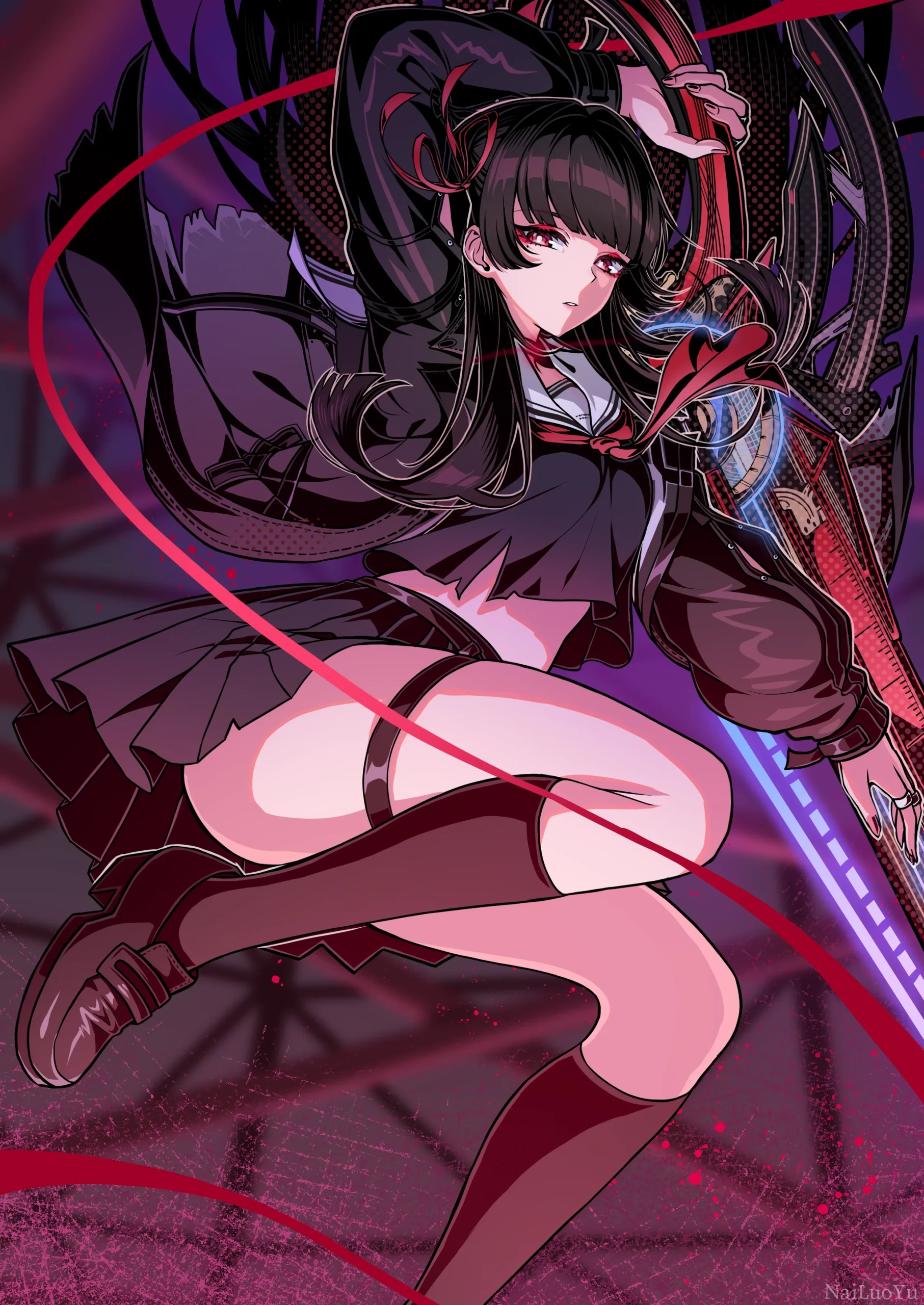 暗黑系飒爽持械水手服少女二次元同人插画