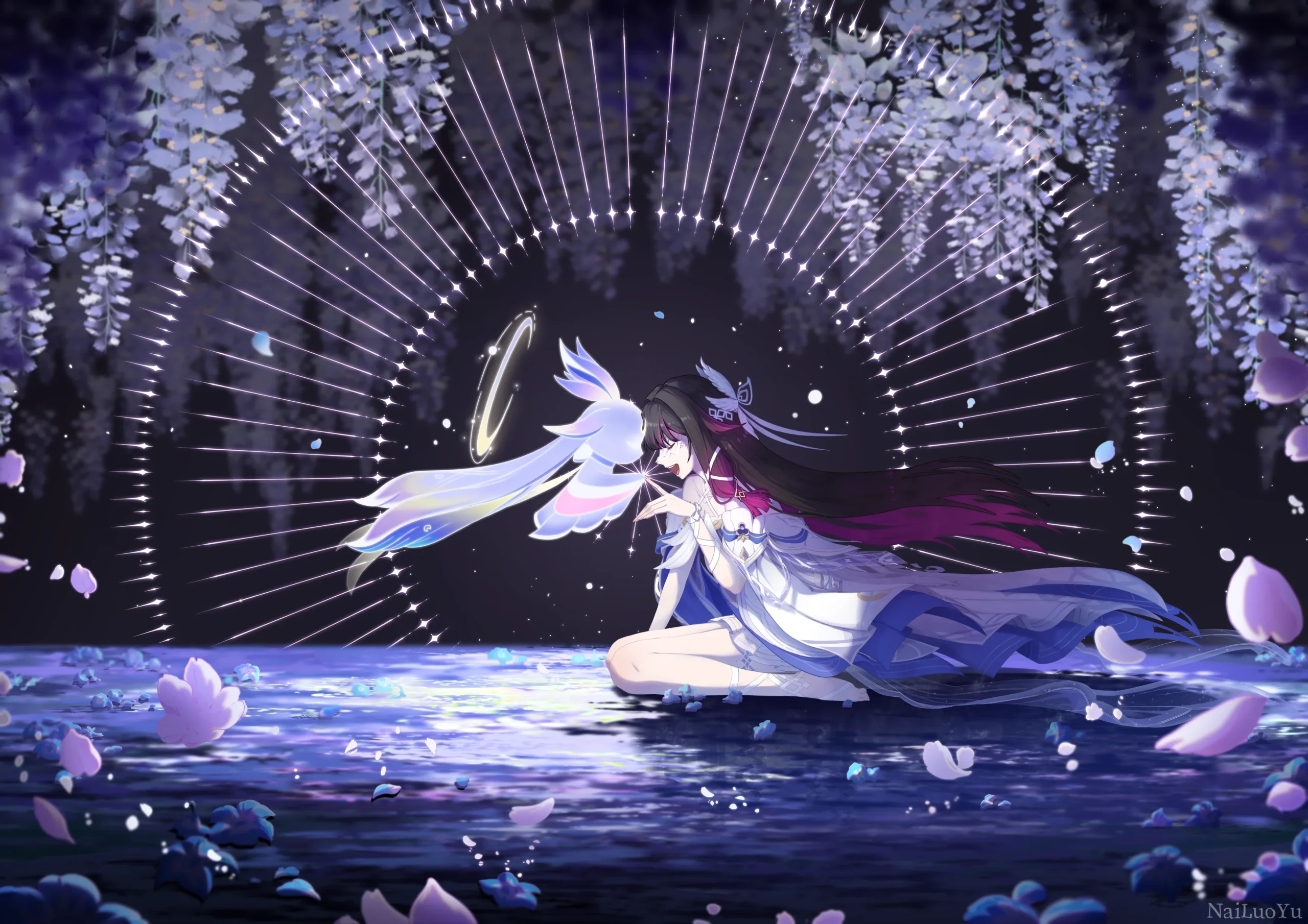 紫藤花下水畔少女与灵物温柔互动