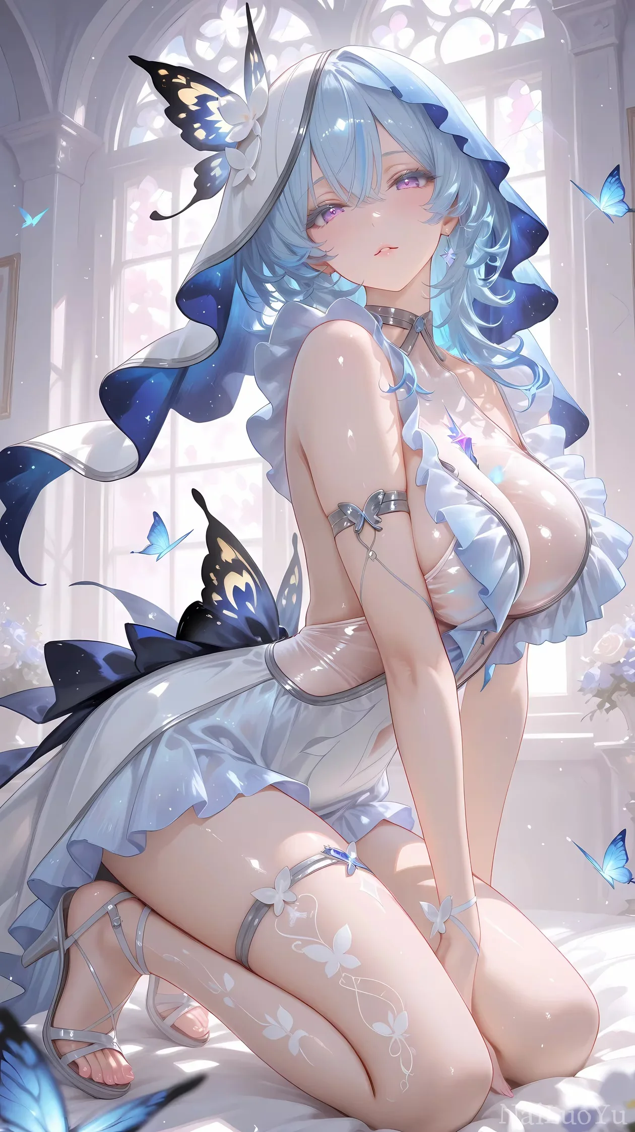 蓝发蝶饰紫眸少女 暖光闺房唯美插画