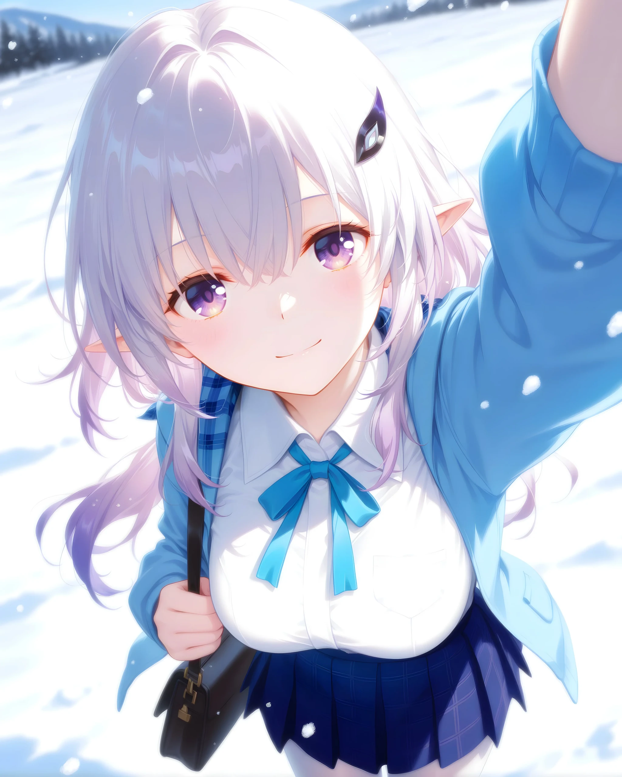 冬日雪地里抬手自拍的精灵系JK少女