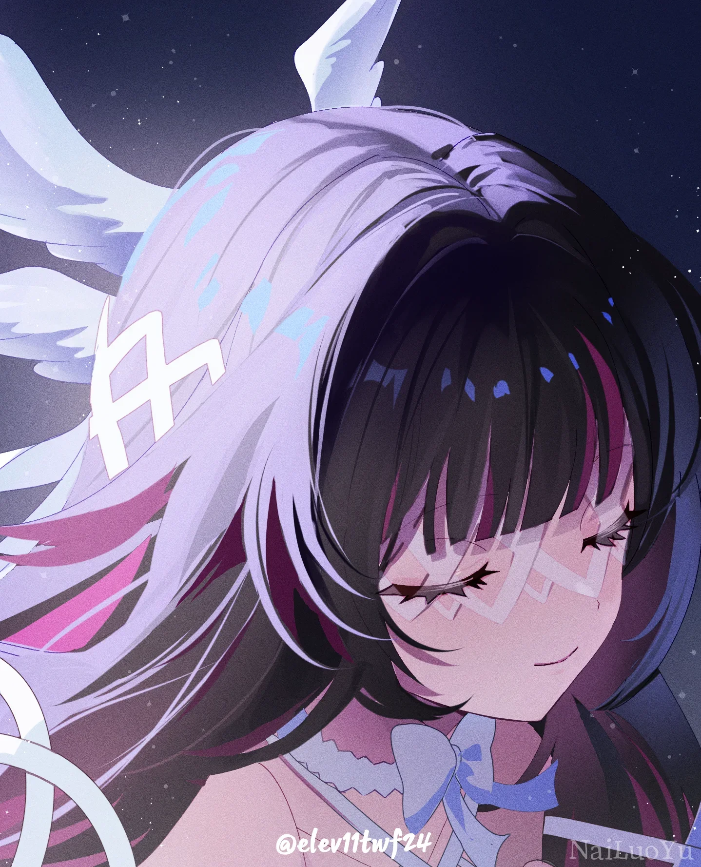 星夜下柔婉闭眸的紫发羽翼少女同人插画