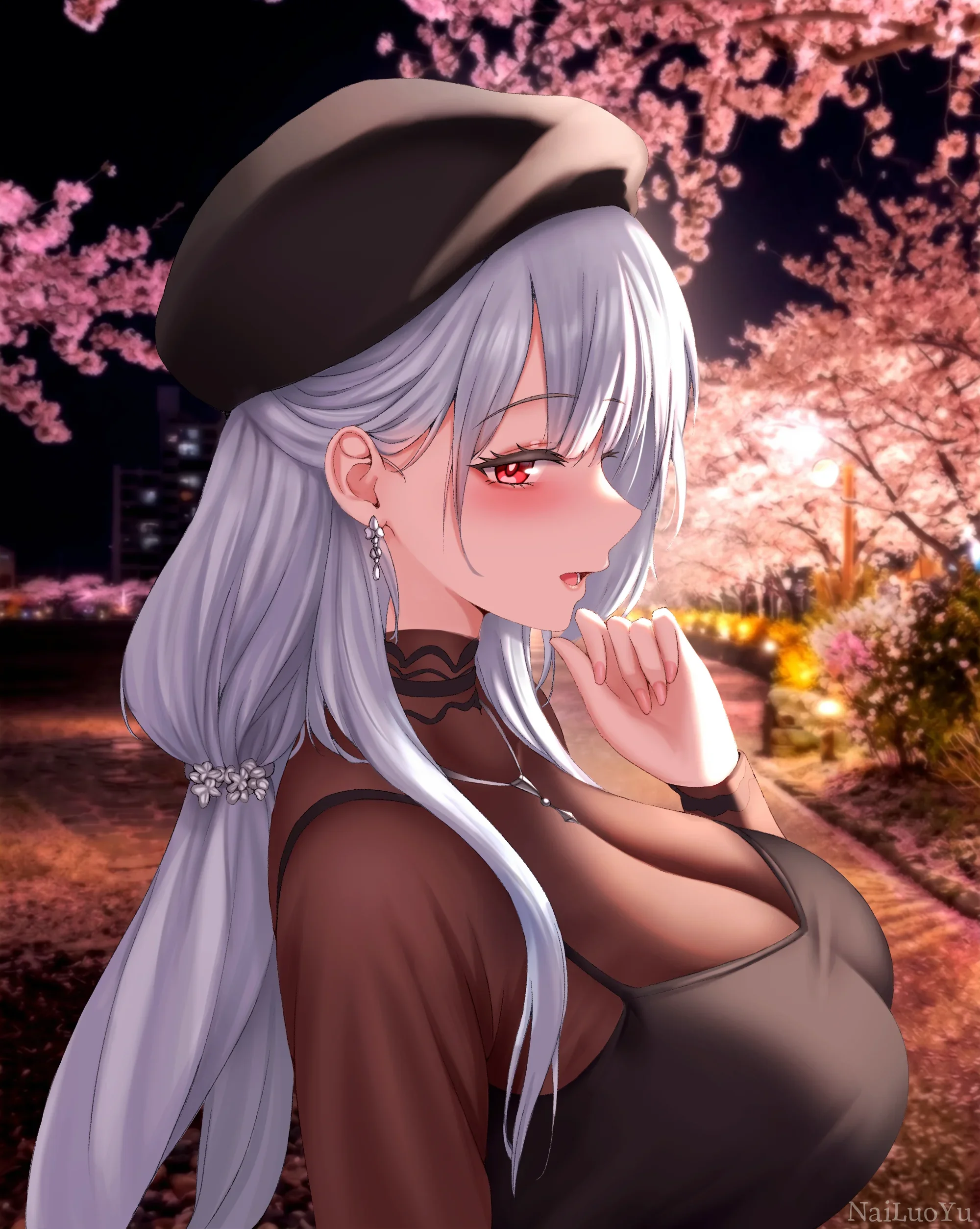 春日夜樱步道旁银发红眸少女侧影
