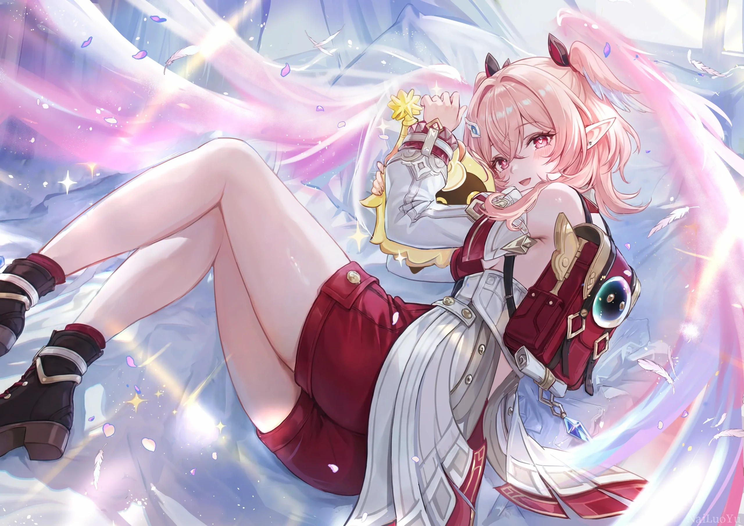 梦幻柔光粉发精灵少女二次元同人插画