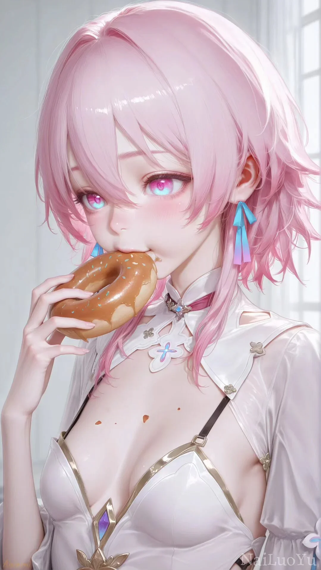 甜美粉发二次元少女享用甜甜圈同人插画