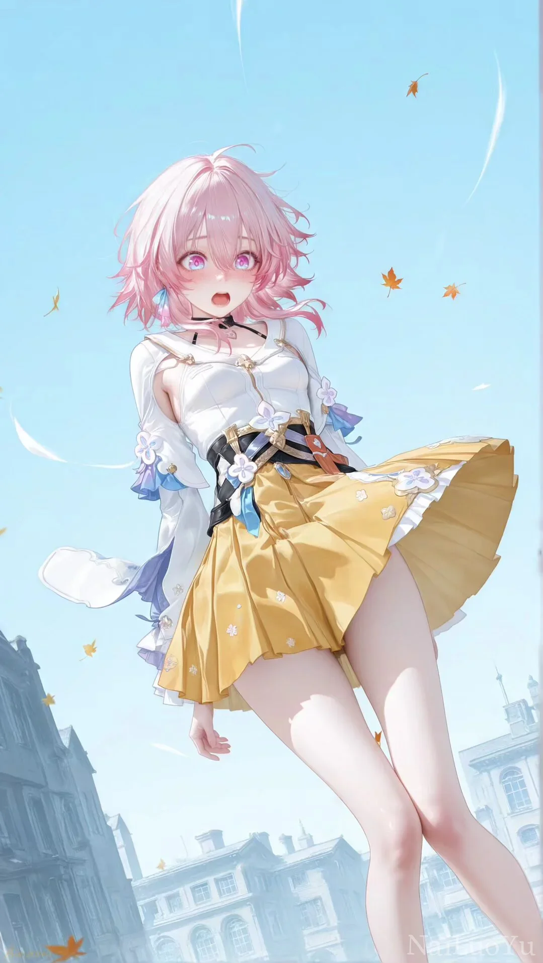 晴空下被风掀动裙摆的粉发少女三月七