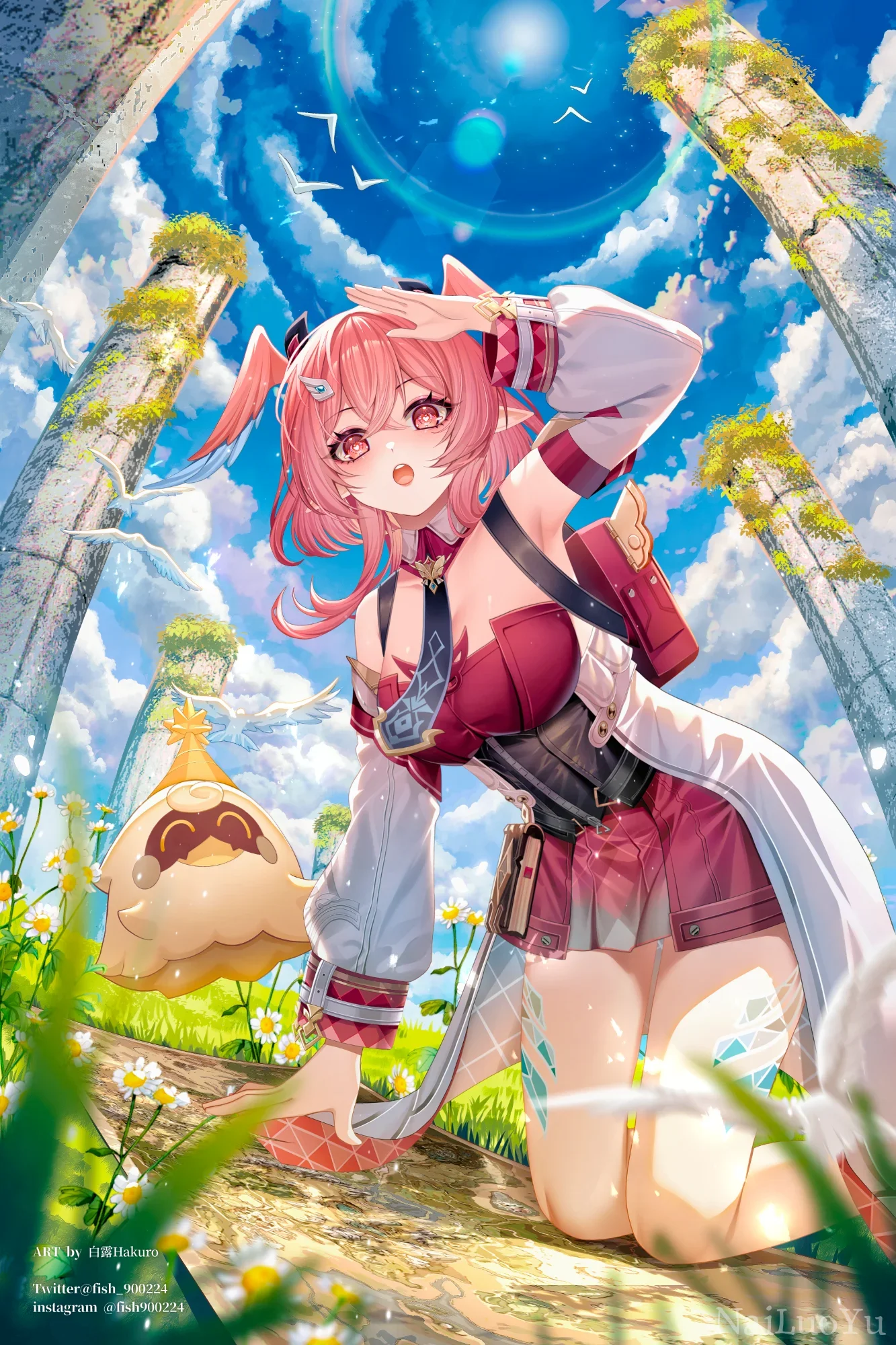 晴空古遗迹中开心探险的粉发少女安可